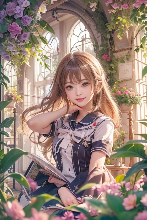 (Best Quality,4K,8K,hight resolution,masutepiece:1.2),Ultra-detailed,Realistic,Fun girl with an innocent face and a bright smile,rosy cheeks,Schoolgirl Uniform,soft sunlight,Beautiful detailed eyes,Beautiful detailed lips,long eyelashes,Vivid colors,playful pose,dreamy ambiance,breezing,fun garden background,Romantic atmosphere,Illustrations like fairy tales
