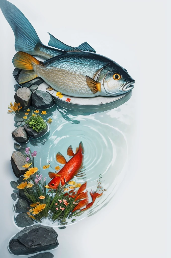 huaniao, [(white background:1.5)::5], mid shot, full body, chinese style, flowers,((fish)),stone fragment, beautiful detailed water,pool,