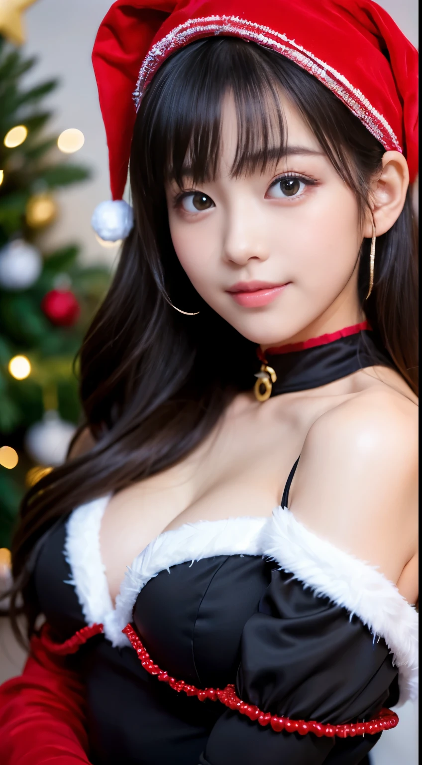 Best-quality, Masterpiece, Ultra-High-Resolution, (Photorealistic:1.4), Raw-Photo, Extremely-Details, Perfect-Anatomy, 1girl, 15-years-old, the most famous Japanese idol, (((wearing only sexy-christmas-costume))), having a lot of fun at christmas home party, extremely cute face like the most popular Japanese idol, (((extremely beautiful big-black-solid-circle-eyes))), extremely beautiful hair, extremely beautiful long-eyelashes, extremely beautiful lips, extremely beautiful white skins, looking at viewer, innocent smile, face focus, cowboy shot, dynamic-pose, detailed sexy christmas costume, detailed christmas home party