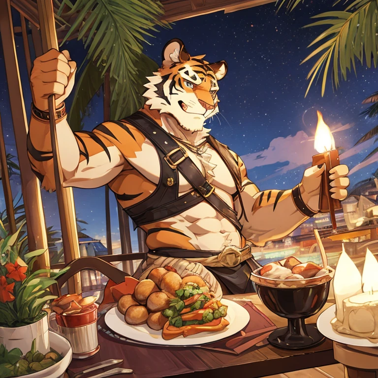 A tiger man，Stretch your arms，wave palm，Meat balls