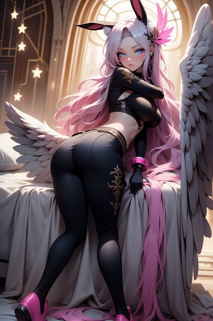 {-erro_de_anatomia:1.0}  woman, solo, long hair, breasts, sideboob, areola, long white hair, white stockings, pink heart-shaped wings, compass rose halo, wings, navel, gloves, bunny ears, diaphragm, magic circle, asymmetrical legwear, angel, angel wings, small pink wing, animal ears, very long hair, blue eyes, pink wings, big breasts, mismatched pants, single shoe, feathered wings, blue eyes, shoes, high socks, crop top pink, cross, white hair, lying on the bed, backwards, looking back, with her face against her shoulder, sexy look