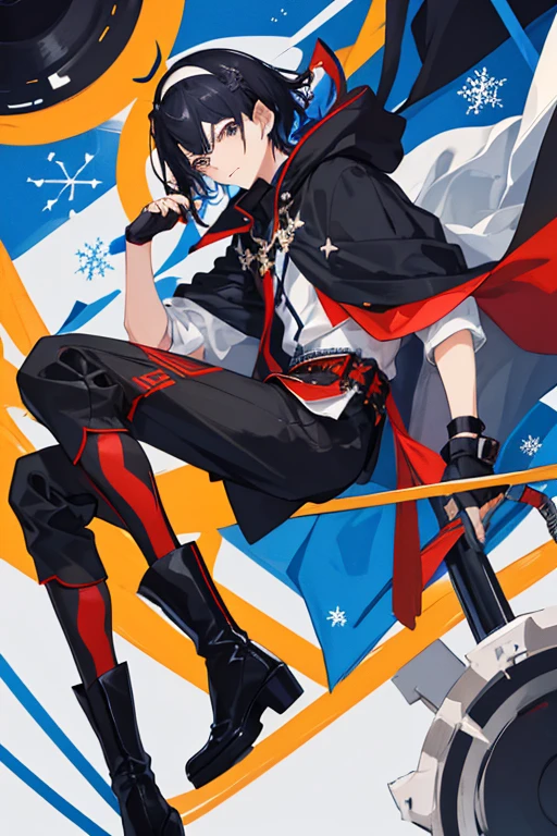 ((tmasterpiece:1.4,Best quality at best))++,(hyper-detailing)+,(Best quality at best,hyper-detailing,Vibrant colors,rich colourful,this is itmic angle,hight contrast:1.2),A boy with,Height approx. 170cm,with short black hair,Dark blue hairband worn behind the head,The left eye is blue,The right eye is golden,Clothes that combine Chinese and modern styles,One long sleeve and one short sleeve,Black boots'no higher than knees,a black cloak,Saber at the waist,Looks proud,black long pants,Wear black fingerless gloves,Draw the whole body in the picture,Bangs parted in the middle and rolled inward,Stars and snowflake elements on clothes,secondary disease,Fashionab, with this is itmism, garments, placed in a, street frontage, rich colourful, this is it, Background with, element in, Self-confident, have expressed, statement, fittings, Majestic, coils, about, Scenes, Cover of a, boldness, Striking,Fashionab, typeface, Catchy, Striking现代日, Fashionab, focal, Fashionab,delicated face,exquisite facial features,National tide,Modern ethnic style background