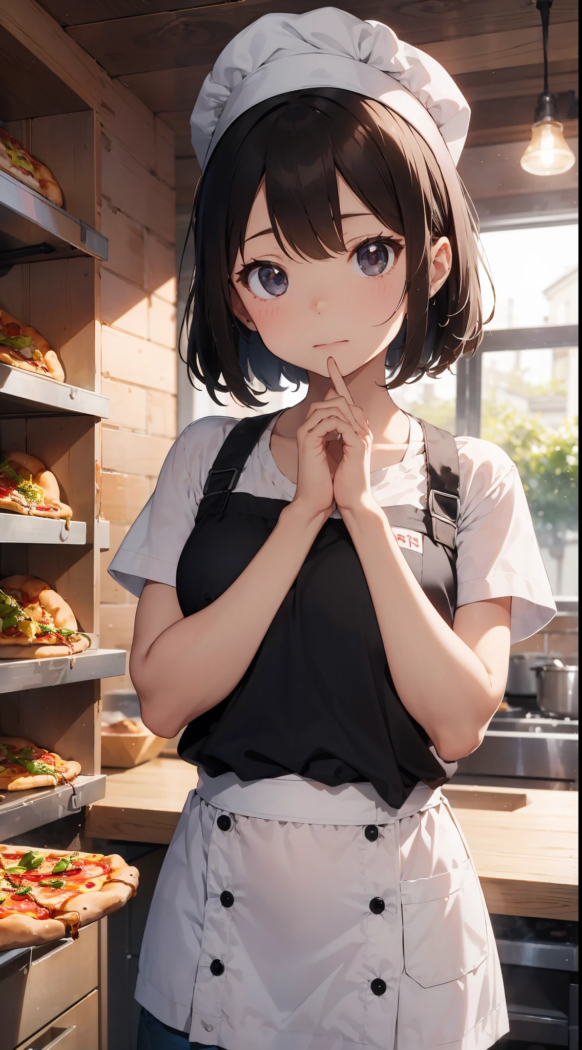 Background with: Bright and lively Italian restaurant kitchen。 The walls are covered with red tiles.、A large kiln is emitting heat。 Surroundings々Toppings and seasonings are lined up.。
Character 1 : Pizza chef。 He wears white chef's clothes、He wears a chef hat on his head。 He is stretching the pizza dough with both hands while deftly turning it。
Character 2 : kawaii girl。She has short hair and、Hair color is brown。Wearing a simple t-shirt and denim skirt。彼女はPizza chefの動きに夢中で、Staring with eyes wide open。
Facial expressions and eyes: The girl's eyes were spinning.、Has a calm expression of surprise and excitement。
Poses: The girl stopped a step back、Balancing。One in front of the chest、the other hand is extended back。Her posture is、Looks as if you're about to fall。
styles: Bright and pop atmosphere。 Pizza chefの動きや女の子の反応が強調されている。