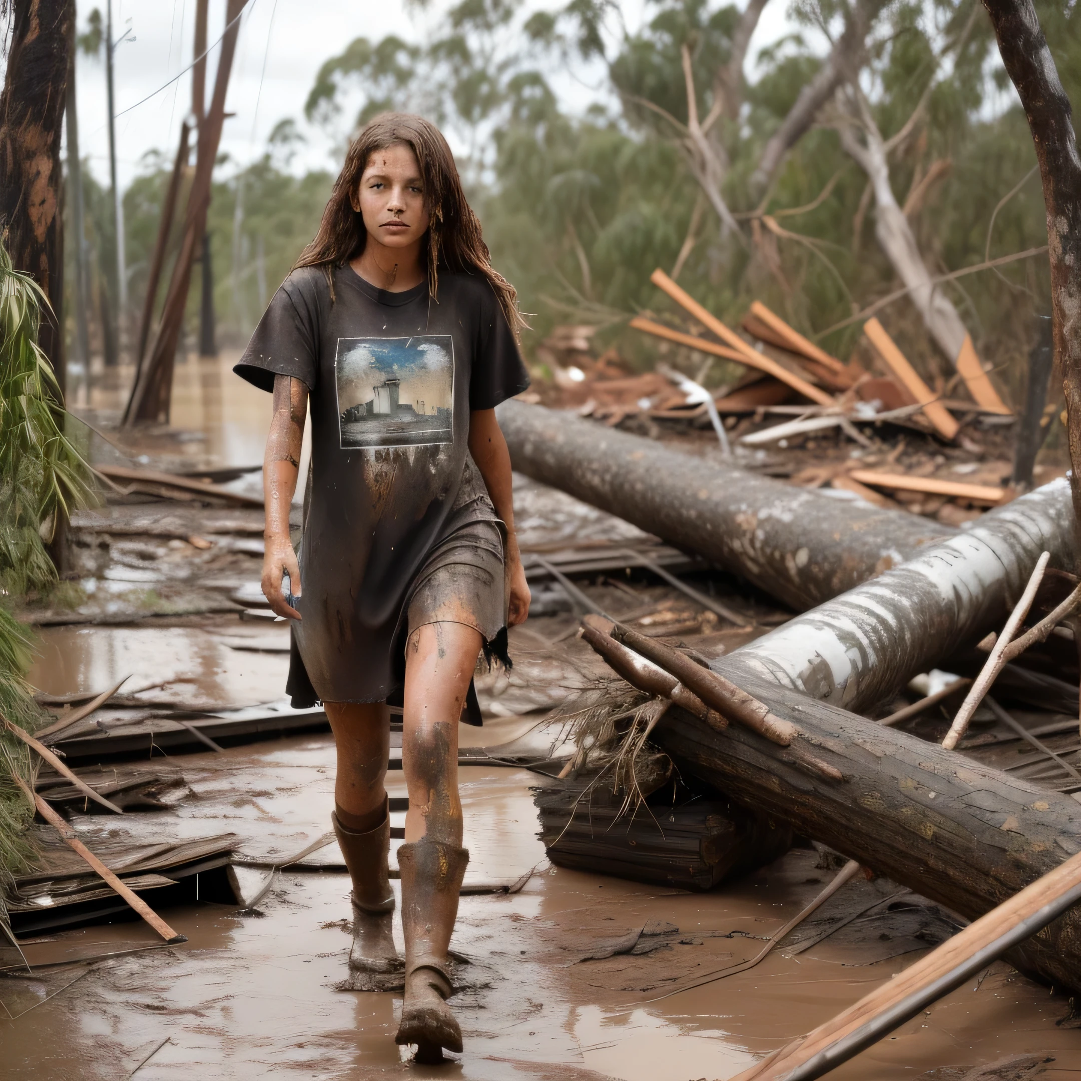 (an australian girl looking through a debris pile after a cyclone passed through in a north queensland city. she is a bit dirty, her legs are covered in mud, and her hair is also dirty, wet and messy. her clothes are dirty, as well as a little bit torn at the bottom. her legs and arms also has some bruises and cuts. the suroundings look like it has been hit by a tsunami, with buildings either collapsed or damage. there is fallen powerlines, and broken trees all around her. she is walking through muddy water which is as high as her knees), 1girl, caucasian skin, long brown hair, realistic dark blue eyes, wearing purple t-shirt style dress, sad, {{australian facial features:1.4}}, {{18 years old:1.2}}, {{{australian themed background}}}, australian setting, {{{wide angle shot:1.2}}}, {{{full body shot:1.2}}}, {best quality}, {{masterpiece:1.2}}, {highres}, {{4k, {8k}, photorealistic, hyper realistic}}, {{{{{sharp focus}}}}},