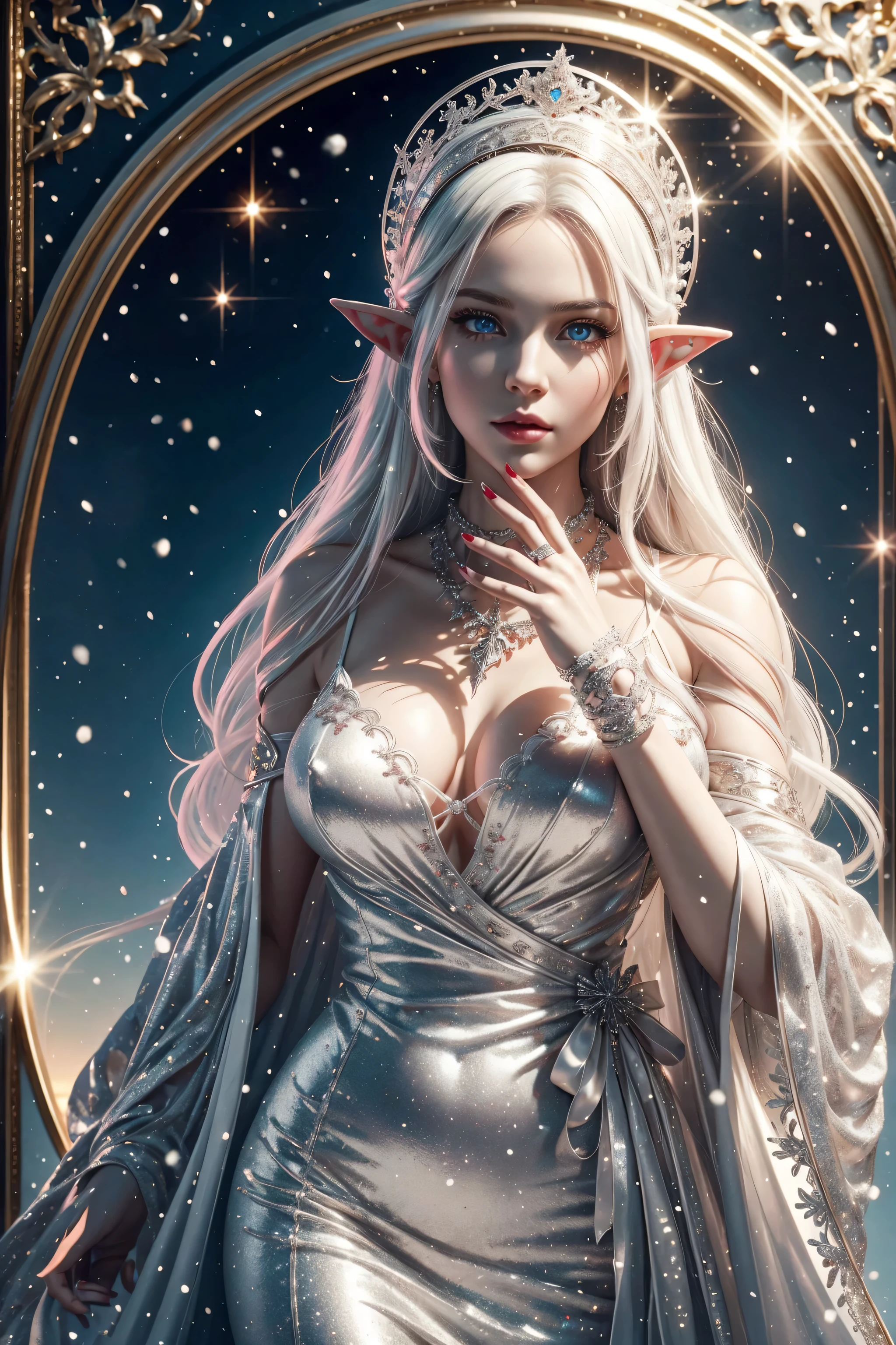 I want to be a powerful person in the shadows!,alpha,Beautiful white blonde hair,A beautiful Blue eyes,Elven ears,Beautiful white skin,Gothic dresses,Photorealsitic,An ultra-high picture quality,hightquality,masterpiece,Digital SLR,Detailed details,Intricate details,Based on anatomical grounds,Depicted in detail,Detailed face,realistic skin textures,Vivid details,perfect anatomia,perfect anatomia,Anatomically correct hand,Anatomically correct fingers,Super Detail,Complex 3D Rendering,Colossal tits,sexy pose,White gold sequin dress studded with silver,white gold rose hat,white fur coat,Gift Ribbon,Put it in a nice photo frame and display it,Bright red nails and a beautiful sunset,clear cold sky,Fantastic sunset,beautiful christmas scenery,mysterious snow scene,It's snowing,beautiful ilumination,Christmas tree,Picturesque beauty,Photograph the whole body,9 head body,Pink lip,Luxurious necklace,emphasize the beautiful whole body,Beautiful nails,Black bondage,Beautiful burning rose,High-leg T-back,