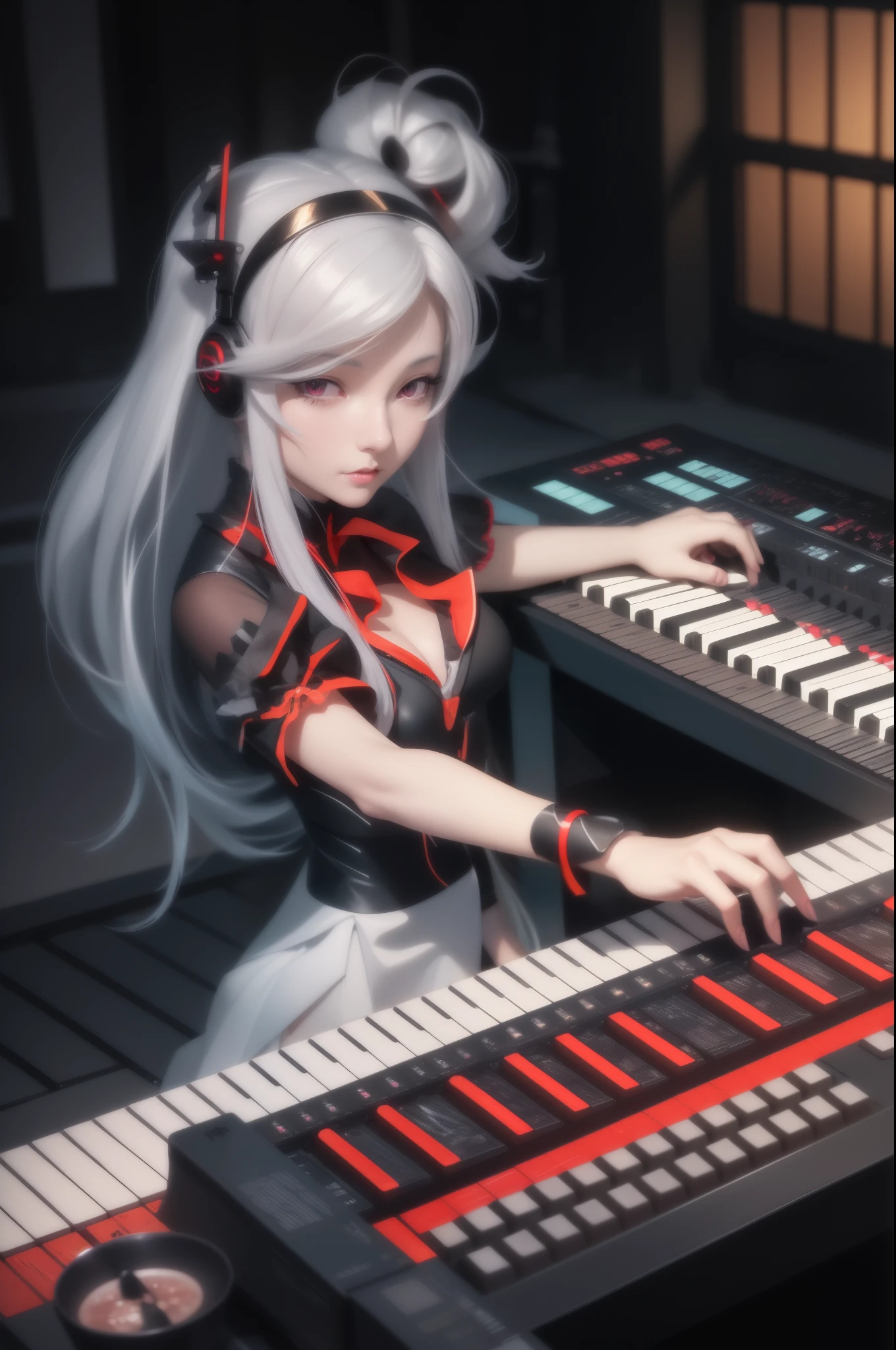 anime girl with white hair playing a synthesizer keyboard in a dark room, artwork in the style of guweiz, perfect white haired girl, anime styled digital art, nightcore, extremely detailed artgerm, digital anime art, beautiful digital artwork, anime styled 3d, advanced digital anime art, pianist, anime style 4 k, advanced anime digital art, keyboardist