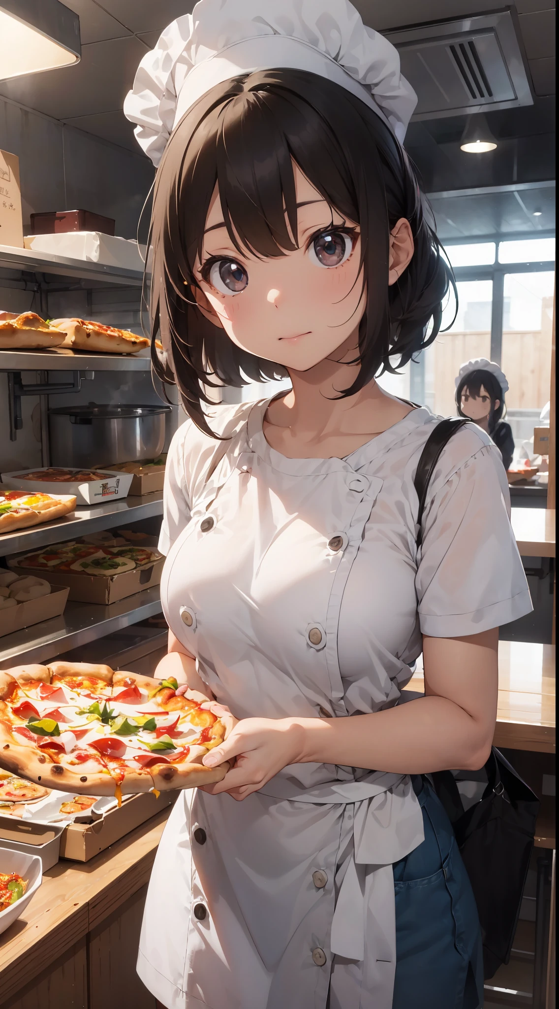 Background with: Bright and lively Italian restaurant kitchen。 The walls are covered with red tiles.、A large kiln is emitting heat。 Surroundings々Toppings and seasonings are lined up.。
Character 1 : Pizza chef。 He wears white chef's clothes、He wears a chef hat on his head。 He is stretching the pizza dough with both hands while deftly turning it。
Character 2 : kawaii girl。She has short hair and、Hair color is brown。Wearing a simple t-shirt and denim skirt。彼女はPizza chefの動きに夢中で、Staring with eyes wide open。
Facial expressions and eyes: The girl's eyes were spinning.、Has a calm expression of surprise and excitement。
Poses: The girl stopped a step back、Balancing。One in front of the chest、the other hand is extended back。Her posture is、Looks as if you're about to fall。
styles: Bright and pop atmosphere。 Pizza chefの動きや女の子の反応が強調されている。