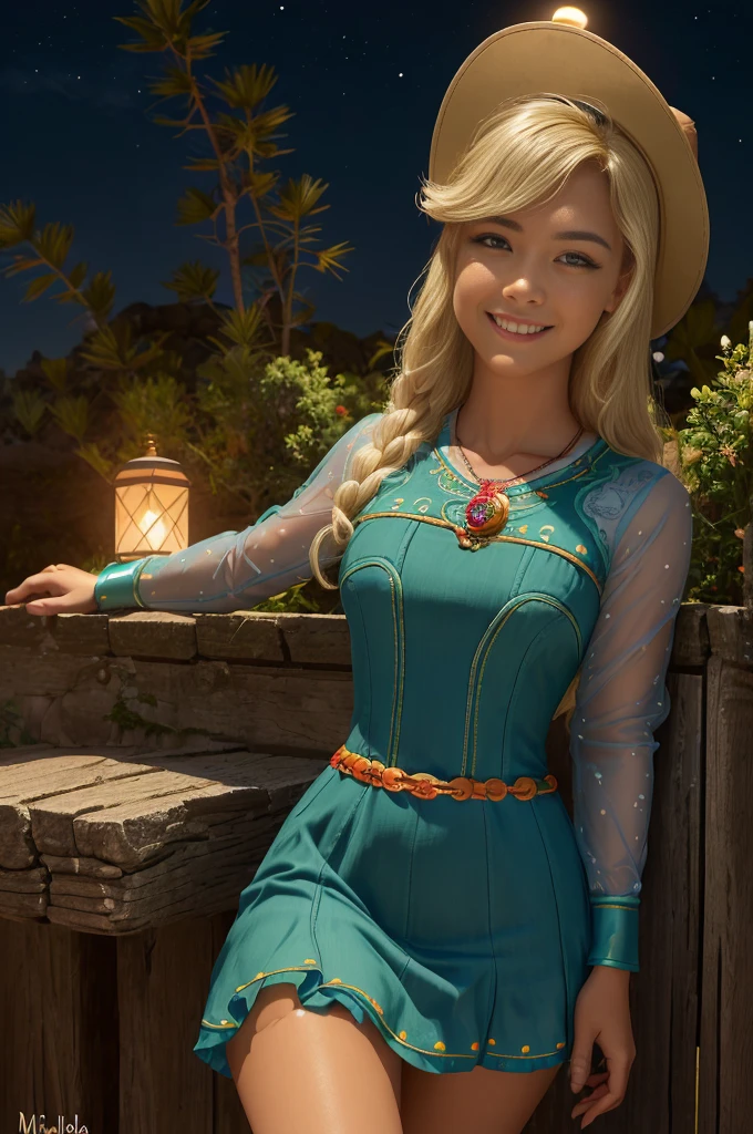 (Obra maestra, La mejor calidad:1.2), Disparo de vaquero, solamente, 1girl, mlpapplejack, They are smiling, Mirando al espectador, Cabello largo y bajo, linda sonrisa,Vestido de noche elegante, vestido escotado, senos grandes, tacones , sombrero, en castillo, noche