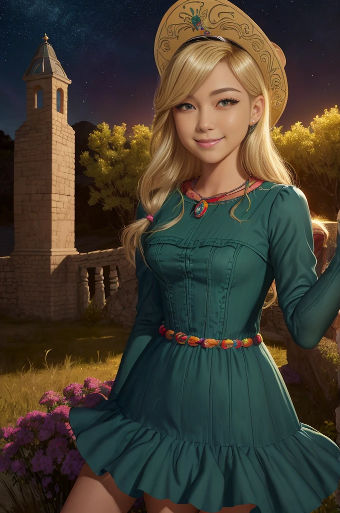 (Obra maestra, La mejor calidad:1.2), Disparo de vaquero, solamente, 1girl, mlpapplejack, They are smiling, Mirando al espectador, Cabello largo y bajo, linda sonrisa,Vestido de noche elegante, vestido escotado, senos grandes, tacones , sombrero, en castillo, noche