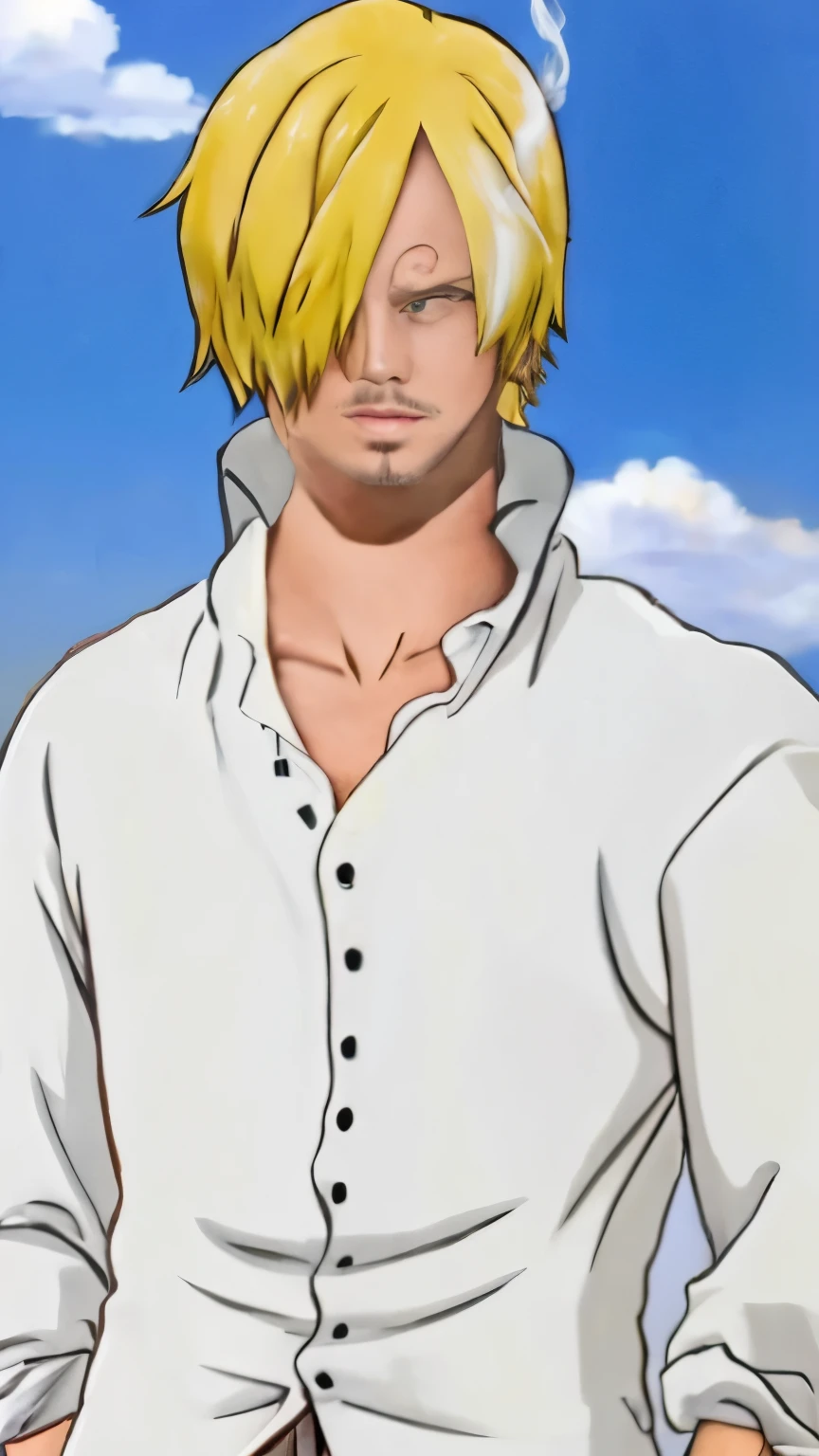 (masterpiece), (realistic), (ultra detailed), ( high rest quality), (photorealistic)Man, male, sanji from one piece, yellow hair, black beard, wearing a white shirt, wearing black pants, smoking a cigarette, his shirt buttons are black, the character is standing in front of the castle, the character is holding a cigarette in his mouth, both of the character's hands are in his trouser pockets, facial details, nose details, cigarette details, shirt details , trouser details, body details, hand details, anatomy details