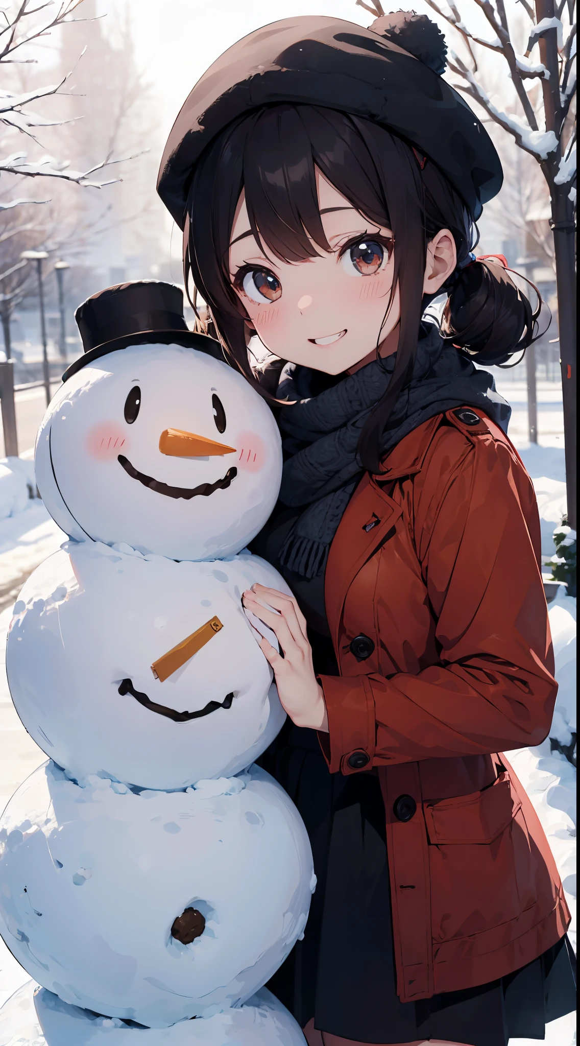 Illustration of a girl making a snowman in a snowy landscape。She wears a red coat and black skirt.、Her hair is golden twin tails。She wears a scarf and hat to a snowman.、Smiling happily。White snow and trees on background々there is a、The winter atmosphere is felt。The colors are unified in red and white..、Warmth and cuteness are emphasized。(cuteness:1.5)(Soothing:1.3)(hightquality:1.2)(Sketched:1.0)