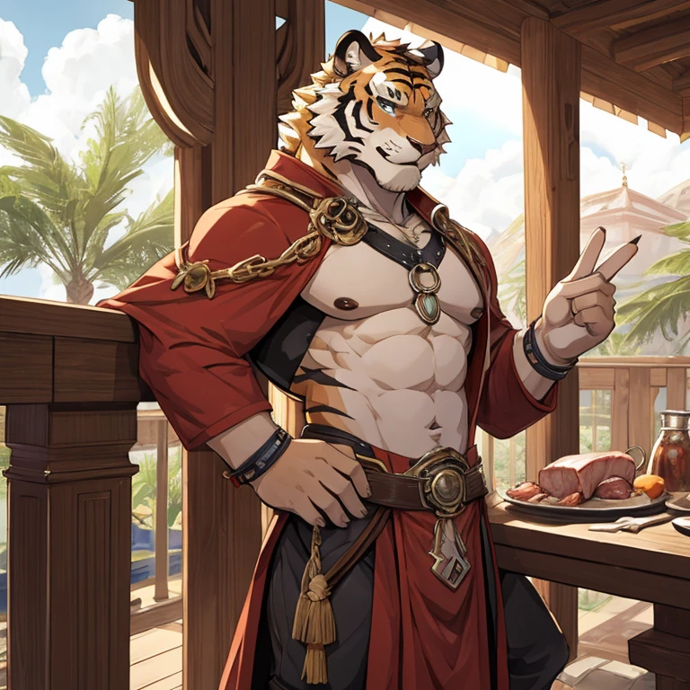 A tiger man,Stretch your arms,Make a hand gesture,Meat balls on palms