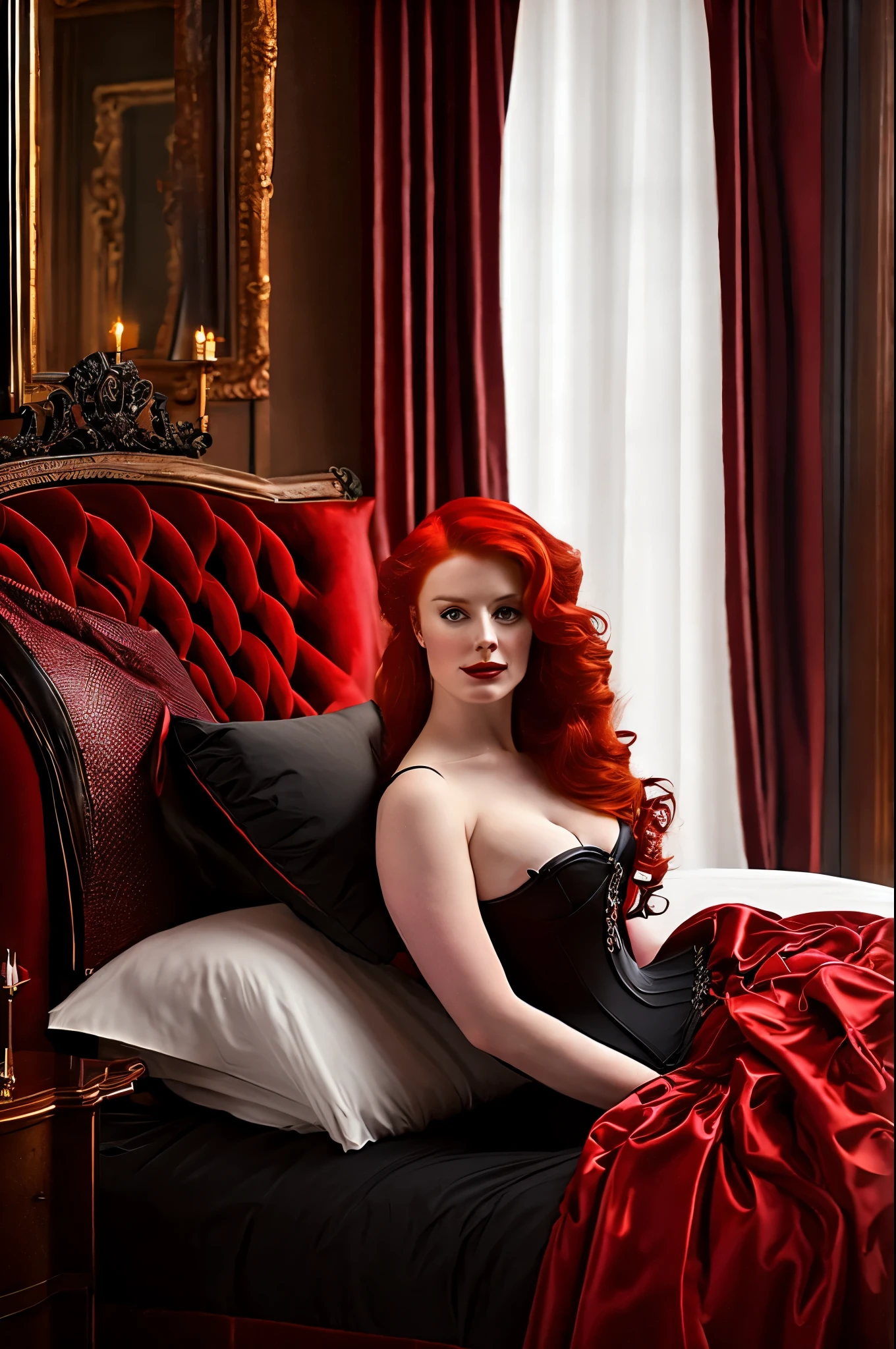 Create a high-quality photoshoot showcasing a stunning redhead model in a classic Victorian bedroom, dressed in a sophisticated red and black corset, emphasizing her poise and beauty. ultra realistic, realistic skin texture, 16k