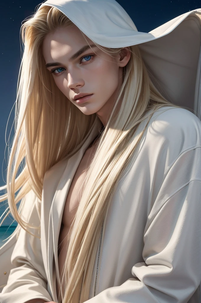 masterpiece, highest quality, (solo focus), (perfect face:1.1), (high detail:1.1), (hyper detailed eyes), dramatic, 1guy, (pale skin), long blonde hair, ethereal eyes, (light eyebrows), solo, long hair, Jordan Barrett, moon, night, white luxury suit, covered nave, pouty lips, fur, proud expression, beach, detailed background, art by artgerm, cinematic lighting, roses, fashion, BalenciagaStyle