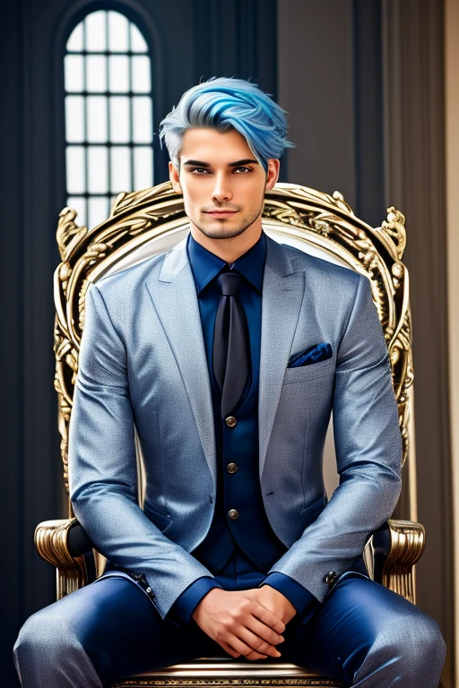 Book cover. A young man seated on his imposing throne. Silver-blue eyes, navy-blue hair with white accents. His hair fell casually across his forehead, and his eyes reflected a blend of charm, determination, and mysteries, with no hint of a beard on his symmetrical and perfect face. He dressed with elegance. His presence was magnetic, and his subtle smile added a captivating touch to his personality.