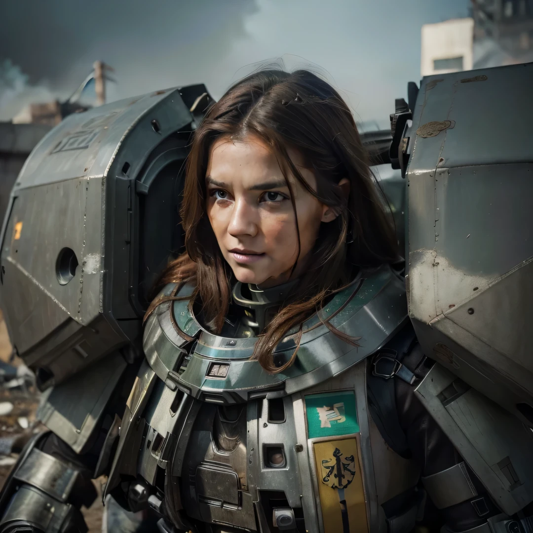 Hermosa mujer soldado, Cara alemana (Se ve cansada), brown eyes (with sad expression), long brown hair, labios beutyful, He dressed in a heavy cybernetic mechanical suit with many teeth and scratches on his armor.. (Realistic metallic effect) color gris con detalles azul verdoso, she is in a totally destroyed modern city, mucho fuego, mucho humo, escombros, 4k, Ultra detallado image, realista, Altamente detallado, perfect composition, splendid, Intrincadamente detallado, Incredibly detailed, 8 k artistic photography, hiper detallado, Obra maestra, Ultra detallado, Hyper realista, 4k, Ultra detallado image, realista, Altamente detallado, perfect composition, splendid, Intrincadamente detallado, Incredibly detailed, 8K fine art photography, hiper detallado, Obra maestra