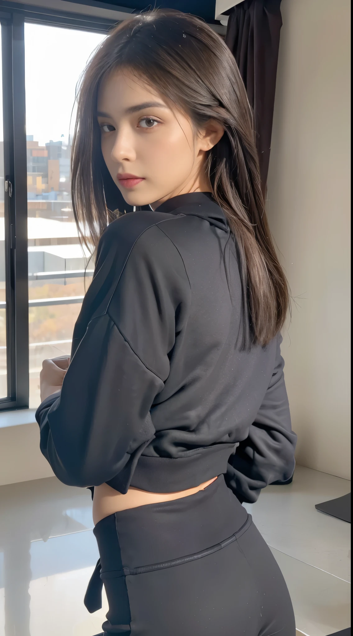 Obra maestra, La mejor calidad, ultrahigh resolution, Foto de alto detalle, Unidad 8K Fondo de pantalla, CG extremadamente detallado:1.2),(Foto RAW,:1.realistic photography:1.4), 1girll , joven, physically based representation, Lindo, (Cara finamente detallada:1.4, Ropa detallada), (Detallado:1.4) Cara hermosa, Profundidad de campo, Agregar capa, hiperrealista, 27 years old, Modelo de cuerpo perfecto, senos perfectos, 175cm de altura, pose sexy, cuerpo completo, Tipo de cuerpo del modelo, crop top, legging, Cabello largo, Eimi Fukada, doble parpado, makeup, Eyeshadow, shiny skin, detailed skin, detailed face, detailed eyes, shiny hair, from the side, look at the viewer, Inorganic concrete studio with windows, dramatic lighting, BREAK (black theme:1.4), (Huge size black sweatshirt:1.3), (Slim fit pants:1.2), ultra-realistic textures, raw photo,