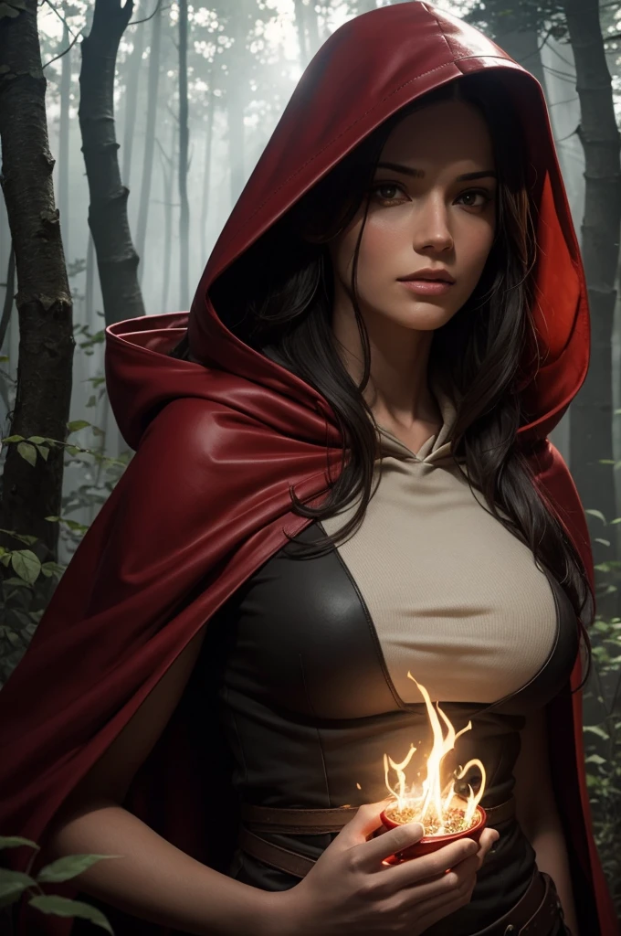 close-up portrait of NewLaraCroft in a forest, (backlight), realistic, masterpiece, highest quality, ((red hooded cloak)), ((scared )), lens flare, shadow, bloom, (( flashes of light)), [chromatic aberration], by Jeremy Lipking, by Antonio J. Manzanedo, by (Alphonse Mucha), digital painting