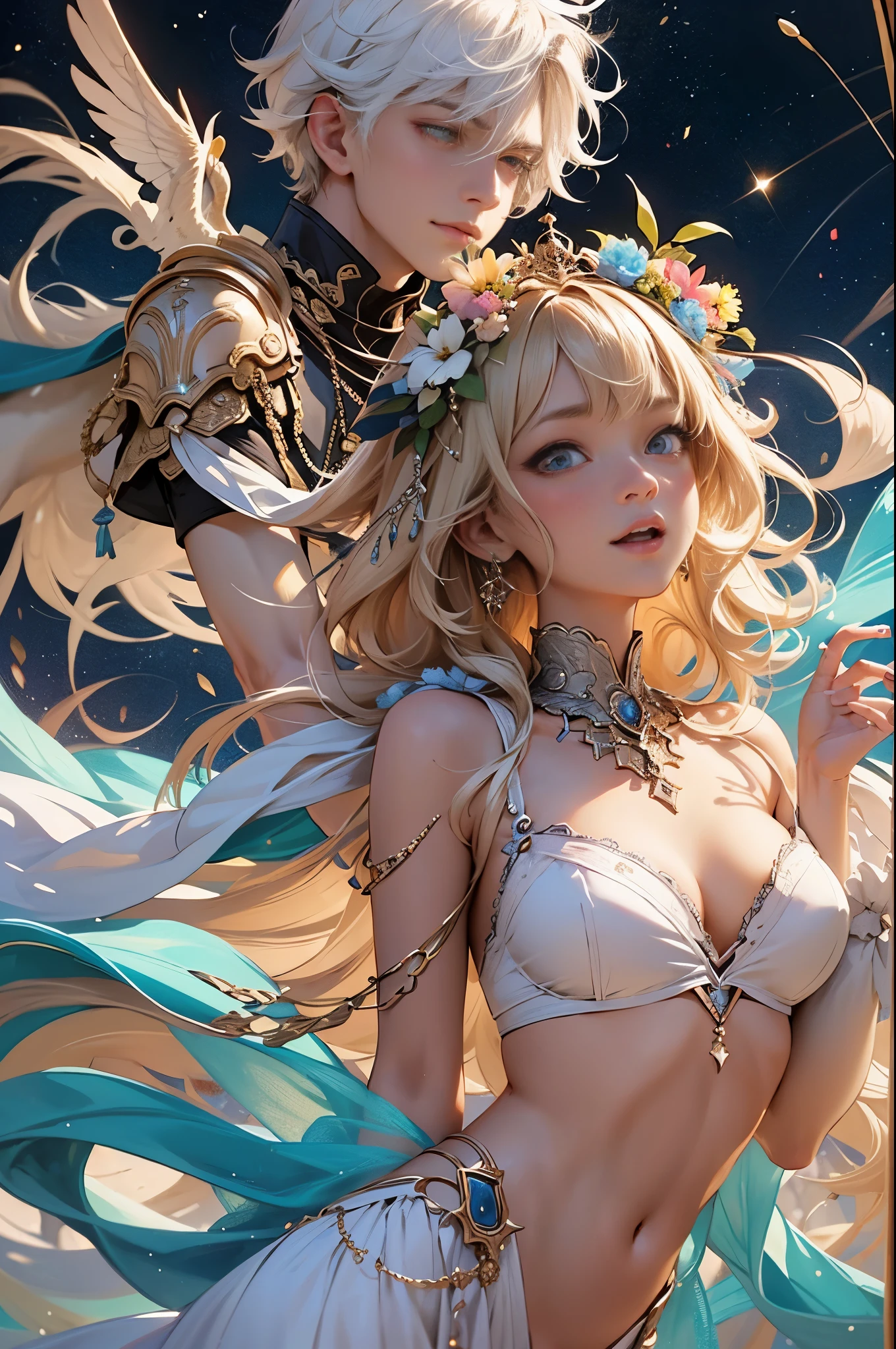 (Best quality at best, tmasterpiece), two numbers, A man and a woman, Detailed pubic hair, delicated face, Beautiful blonde and handsome man, ssmile, delight, Black dress, Red accents, Boys in white, ssmile, unwind, dancing posture, Elegant, Particle, ventania, florals, The upper part of the body, Background with gear elements, The background is the starry sky of another world --v 6