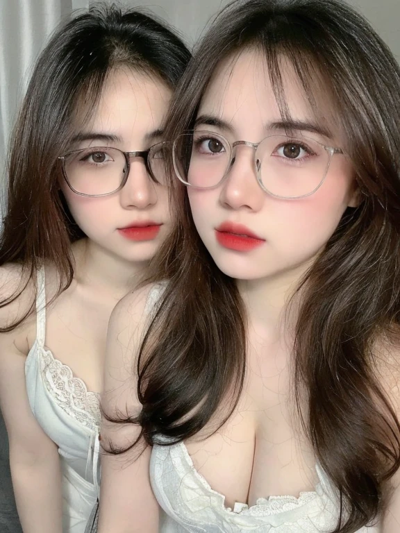 (realistic, high resolution:1.3), 2 girls with perfect figure,(((2 girls:1.4))), glasses, ((pale white skin:1.3)) ,(gigantic breasts:1.3), looking at viewers, super fine face and eyes, long hair, white transparent lace veil: 1.2 , in bedroom, sit on the bed, , exposed cleavage, upper body, half body