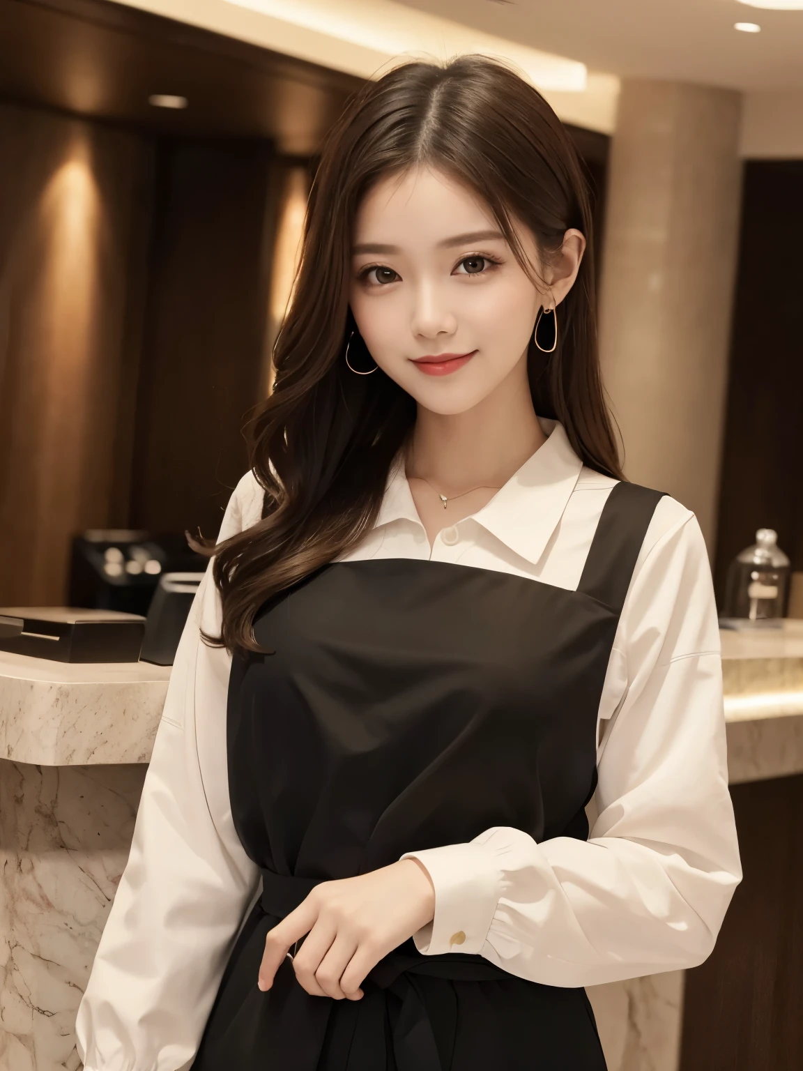 ((Top quality, 8K, Masterpiece: 1.3)), Beautiful girl, Pure, Melon face, Kind and cute, Sweet smile, Pure desire, Slender body, (Front), (Tilted head), ((Looking at camera) ), wearing a casual bright suit, medium hair, long flowing shoulders, round black big eyes, clear big eyes, moist red lips, sweet, standing, hotel reception background, (waist shot),