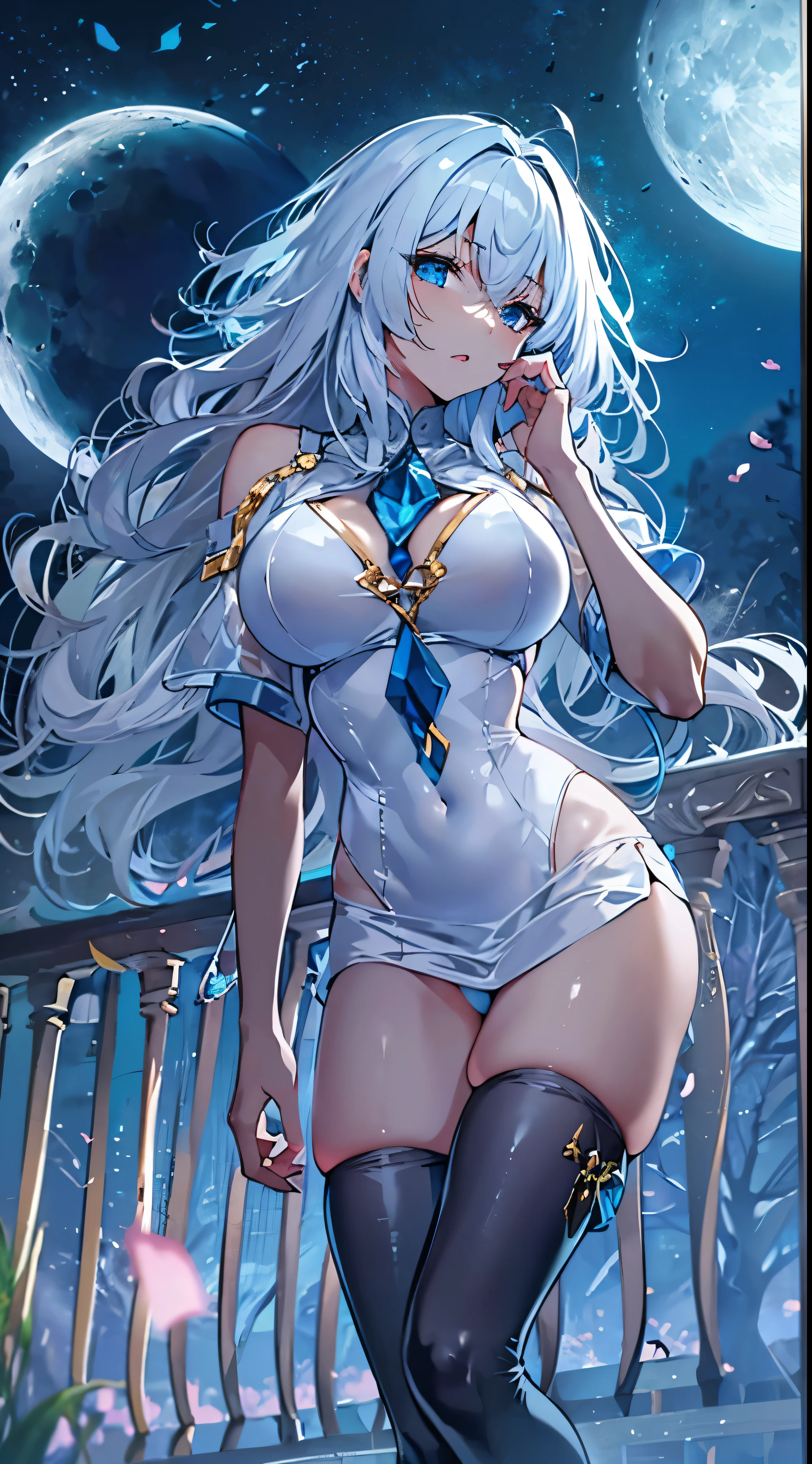 One lady,ars,((White hair) ,((())), ((Normal breasts)), (())(()),(Shiny blue bodysuit with microskirt))),,((Fantasy,Moon Night))(())