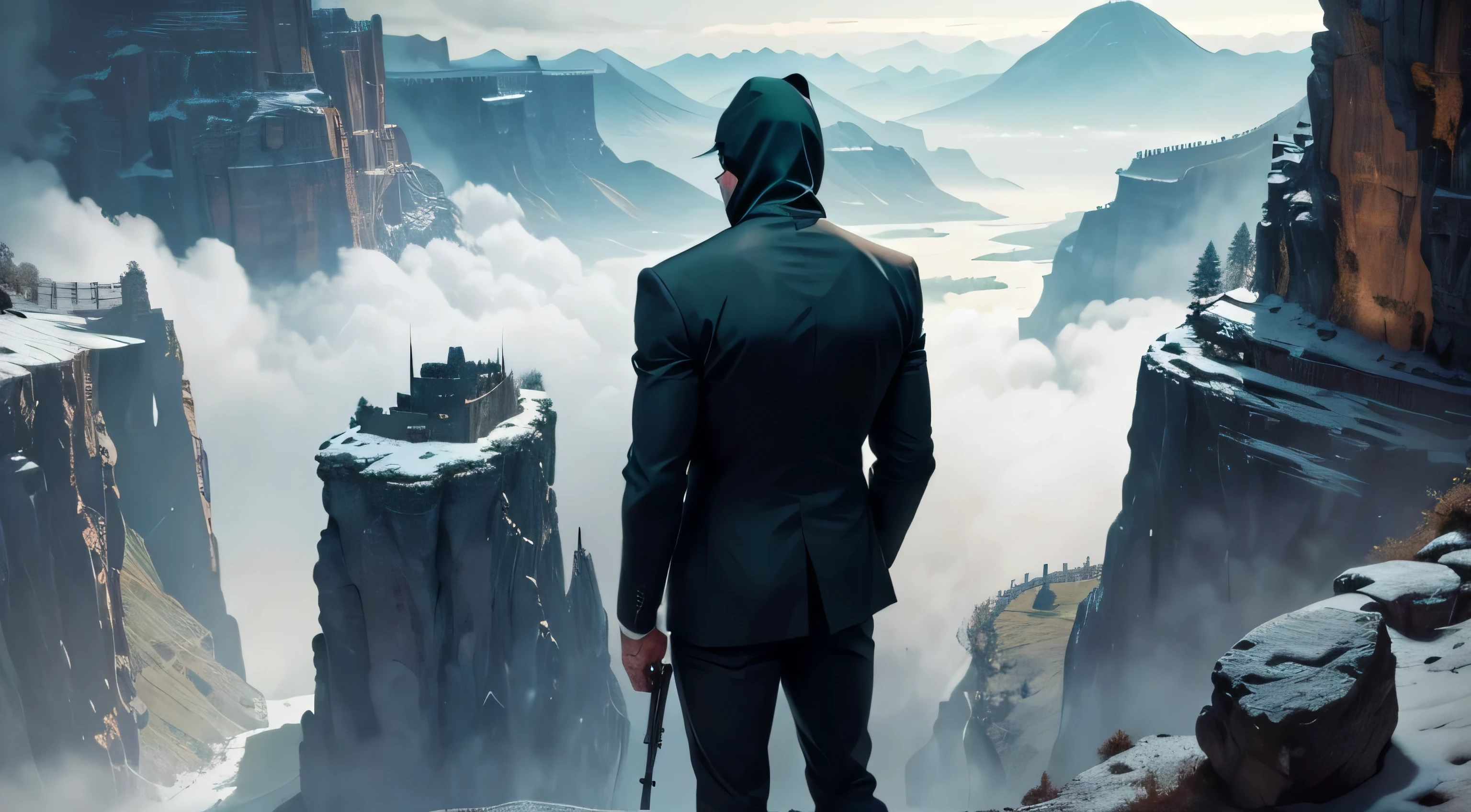 Strong guy in 3-hole green ski mask, wearing modern grey suit and dress shoes. back turned from view, view over shoulder facing towards hell gate, holding Ar-15 rifle, hell's gate is a medieval castle, in a big cave, lava everywhere around the castle. Demons flying everywhere. Vibe to be, epic battle, adventure.