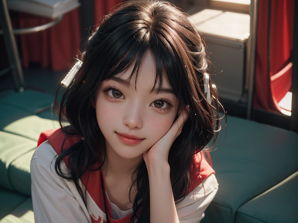 quality，tmasterpiece，hyper HD，（Realistis：1.4），RAW photogr，1girll，cinmatic lighting，ssmile，brightly，Photo-like，perspired，Be red in the face，posed for photo
