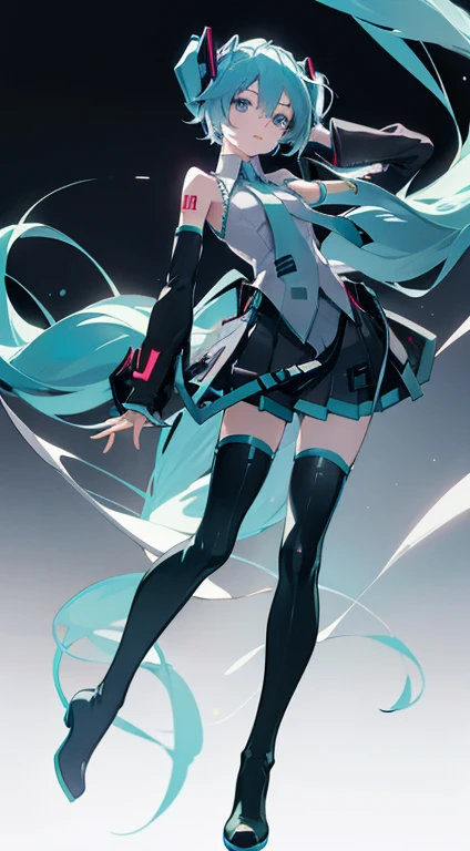faces　(((miku hatsune)))　small tits　A slender　 (cool)　hiquality  (笑faces)  arm dynamic　Shoulder out　Full body painting　the feet　neck tie　a miniskirt　thigh high boots　 Soft colors、Pale shades　glowing light from the front　((the feet))