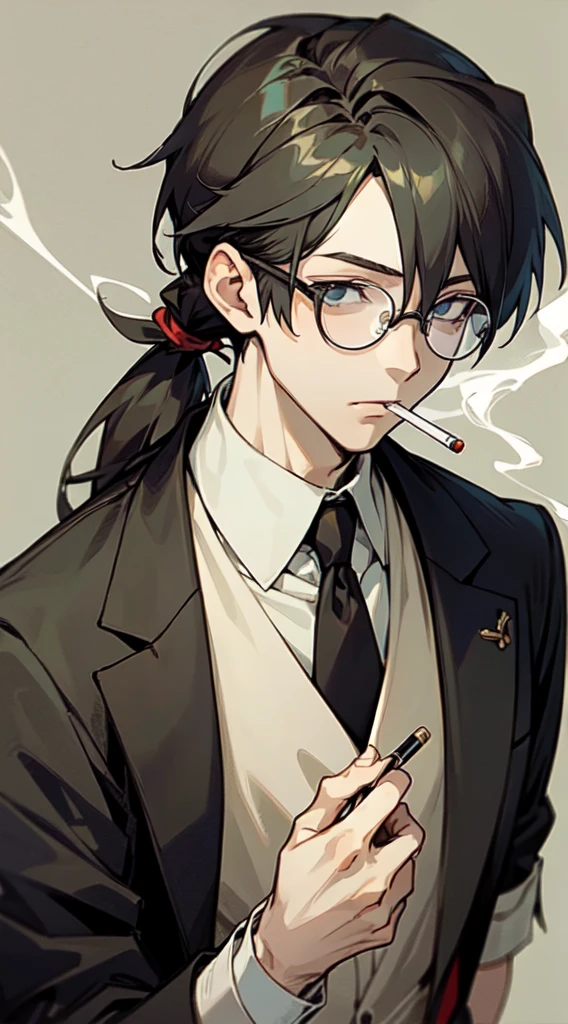 (masterpiece:1.2, best quality),(1boy,alone,upper body:1.2),anime guy with a ponytail and glasses smoking a cigarette
