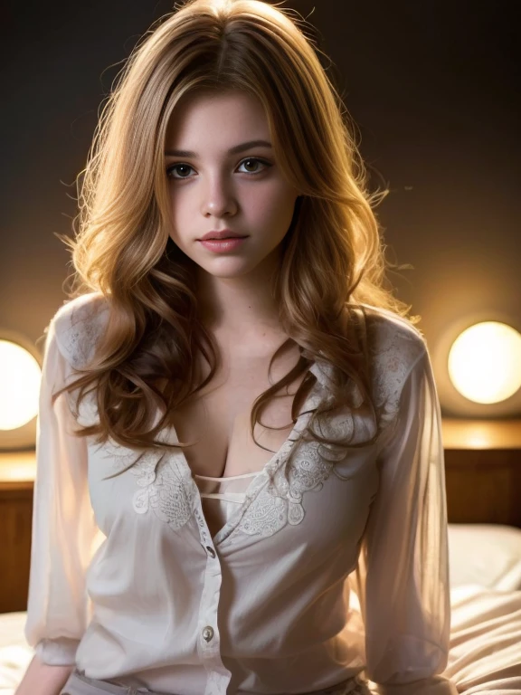 Portrait of a cute 17-year-old teenage girl with a perfect, Beautiful face, in panties and see-through blouse, sehr lange lockige haare, big tits, im Bett (dunkles privates Arbeitszimmer, dunkles, stimmungsvolles Licht: 1,2)