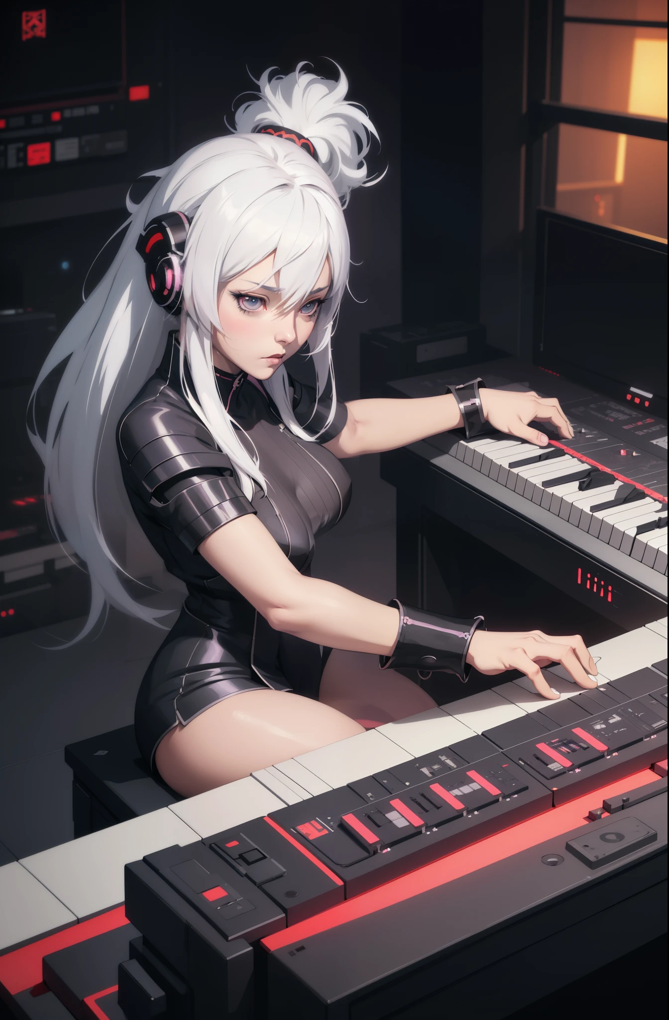 anime girl with white hair playing a synthesizer keyboard in a dark room, artwork in the style of guweiz, perfect white haired girl, anime styled digital art, nightcore, extremely detailed artgerm, digital anime art, beautiful digital artwork, anime styled 3d, advanced digital anime art, pianist, anime style 4 k, advanced anime digital art, keyboardist