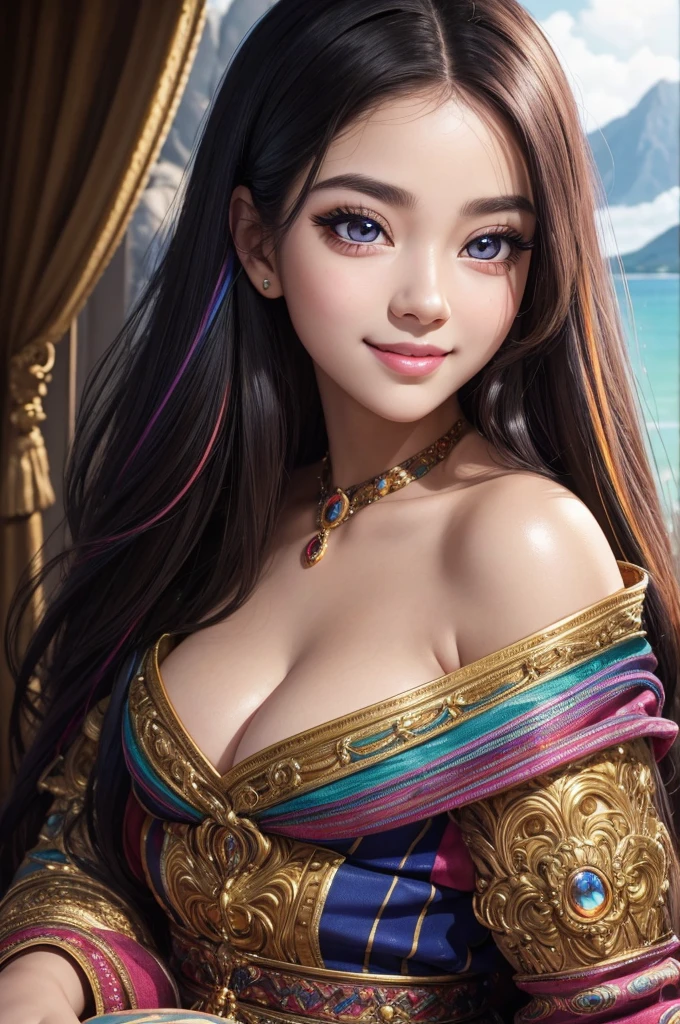 masterpiece, best quality, masterpiece, godlike quality, godlike art, highly detailed face, highly realistic, cute, young girl, smiling, big eyes, long eyelashes, multicolored hair, multicolored eyes, shiny skin, full lips, big lips, shiny skin, blushing, magnificent view