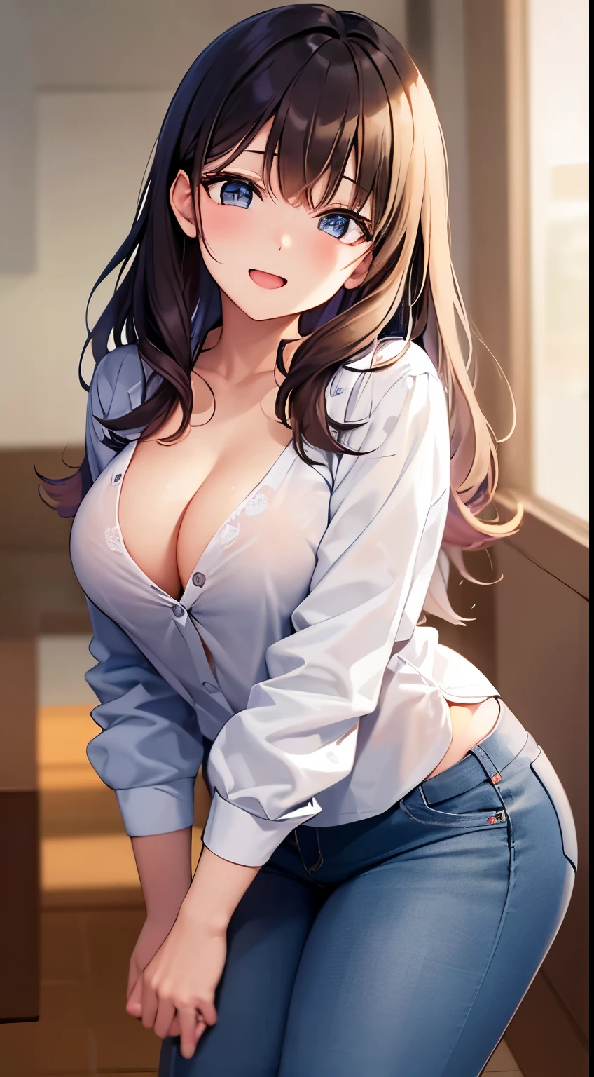 head tilt, Staring、masterpiece、top-quality、 A 40-year-old green-eyed woman with wavy lobed brown bangs.、Cleavage is visible、Wearing a white blouse、Wearing jeans、smile, open mouth, The background is a room、is standing、Bold composition、Alone、