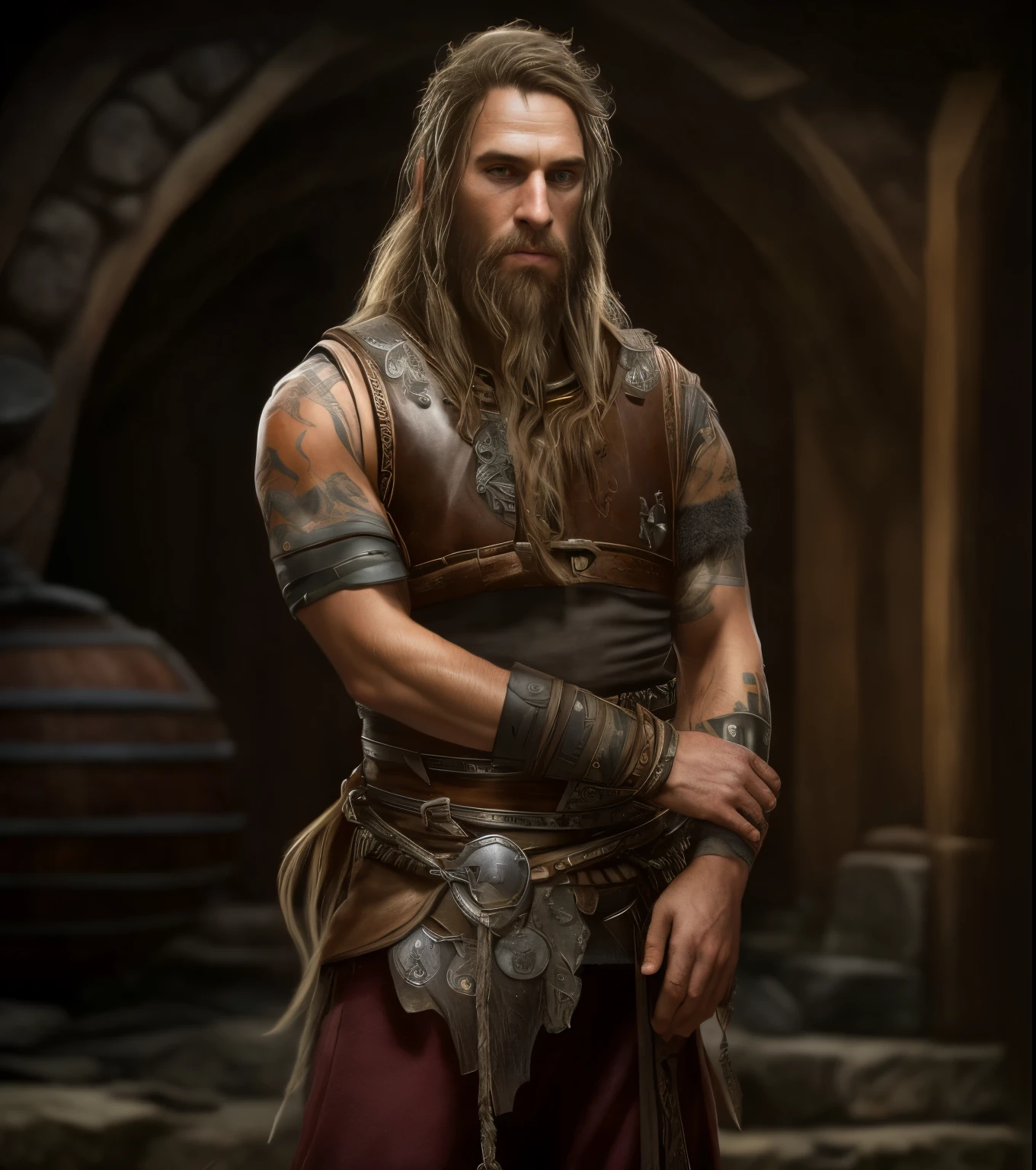 arafed man with long hair and beard in leather vest, portrait of a viking, picture of an  male warrior, from warcraft, ancient viking warrior, the witcher concept art, messi as a viking, inspired by Þórarinn B. Þorláksson, viking warrior, viking shaman, long brown hair, long brown beard, glowing yellow eyes, eyes are glowing, viking atire, tattos on right arm, dark brown hair, dark brown hair, dark brown beard, dark brown hair, dark brown beard, dark brown beard, dark brown hair, dark brown beard, dark brown hair,