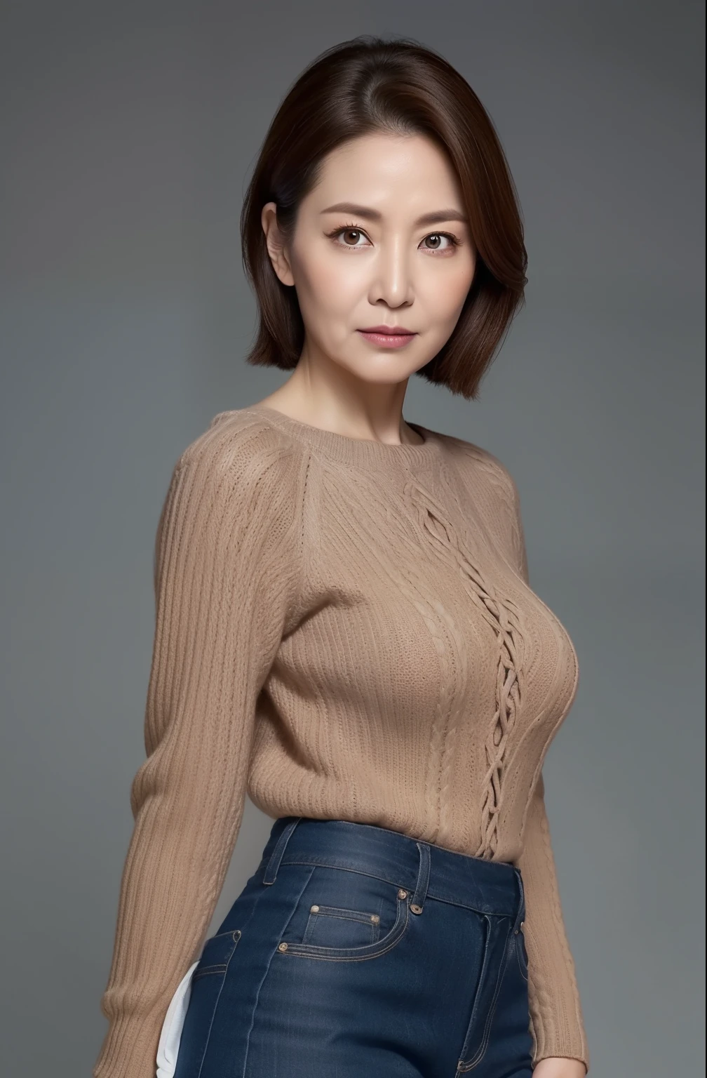 hight resolution, high-level image quality, high detailing, ​masterpiece, Textured skin, tre anatomically correct, sharp, greybackground((japanese mature, 50 years old)), 独奏, ((Wrinkles on the face)), large breasts with good shape, Straight light brown hair that reaches to the shoulders, chubby figure (((Stand upright, facing the center of the screen.))), Close your mouth and look straight ahead with a serious face, Sweaters, skirt by the, ((cowboy  shot)),