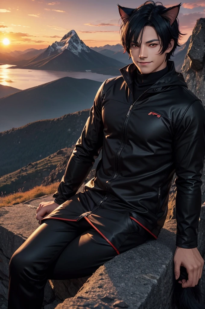 1boy, glossy dark black hair, red eyes, large sharp cat ears, cat tail, staring at viewer while grinning, mountainous setting, sunrise, 4k Resolution
