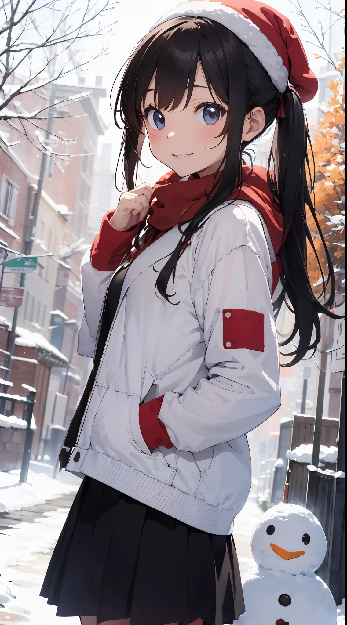 Illustration of a girl making a snowman in a snowy landscape。She wears a red coat and black skirt.、Her hair is golden twin tails。She wears a scarf and hat to a snowman.、Smiling happily。White snow and trees on background々there is a、The winter atmosphere is felt。The colors are unified in red and white..、Warmth and cuteness are emphasized。（cuteness：1.5）（Soothing：1.3）（hightquality：1.2）（Ghibli style background：1.0）