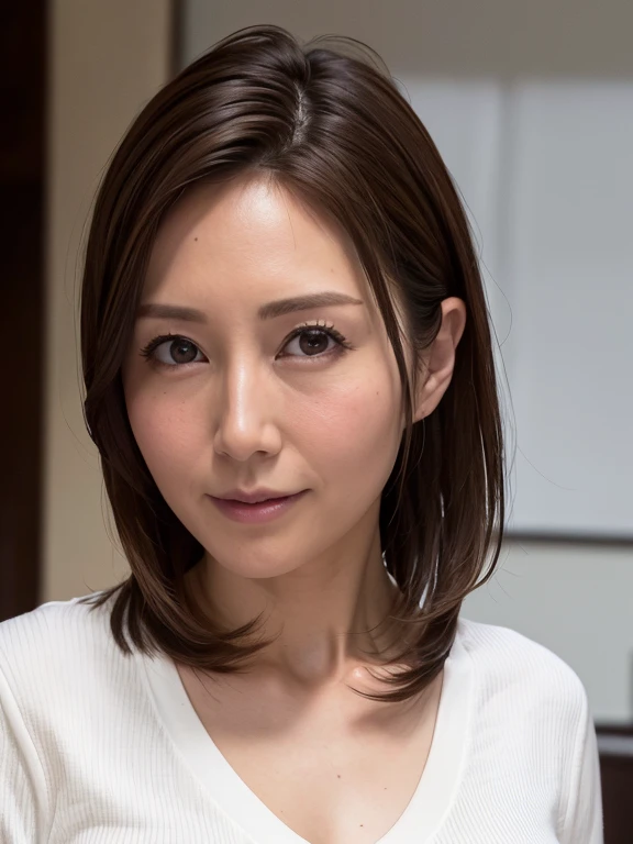 (in 8K, top-quality, masterpiece:1.2), (realisitic, Photorealsitic:1.37), ultra-detailliert, Natural sunlight, mideum breasts, Valley, 1 persons, 35-year-old woman, Dark hair, Pendants, Torn shorts, Light Knit V-Neck Shirt, At the time of performance, extremely detailed face and skin, A detailed eye, extremely detailed face and skin