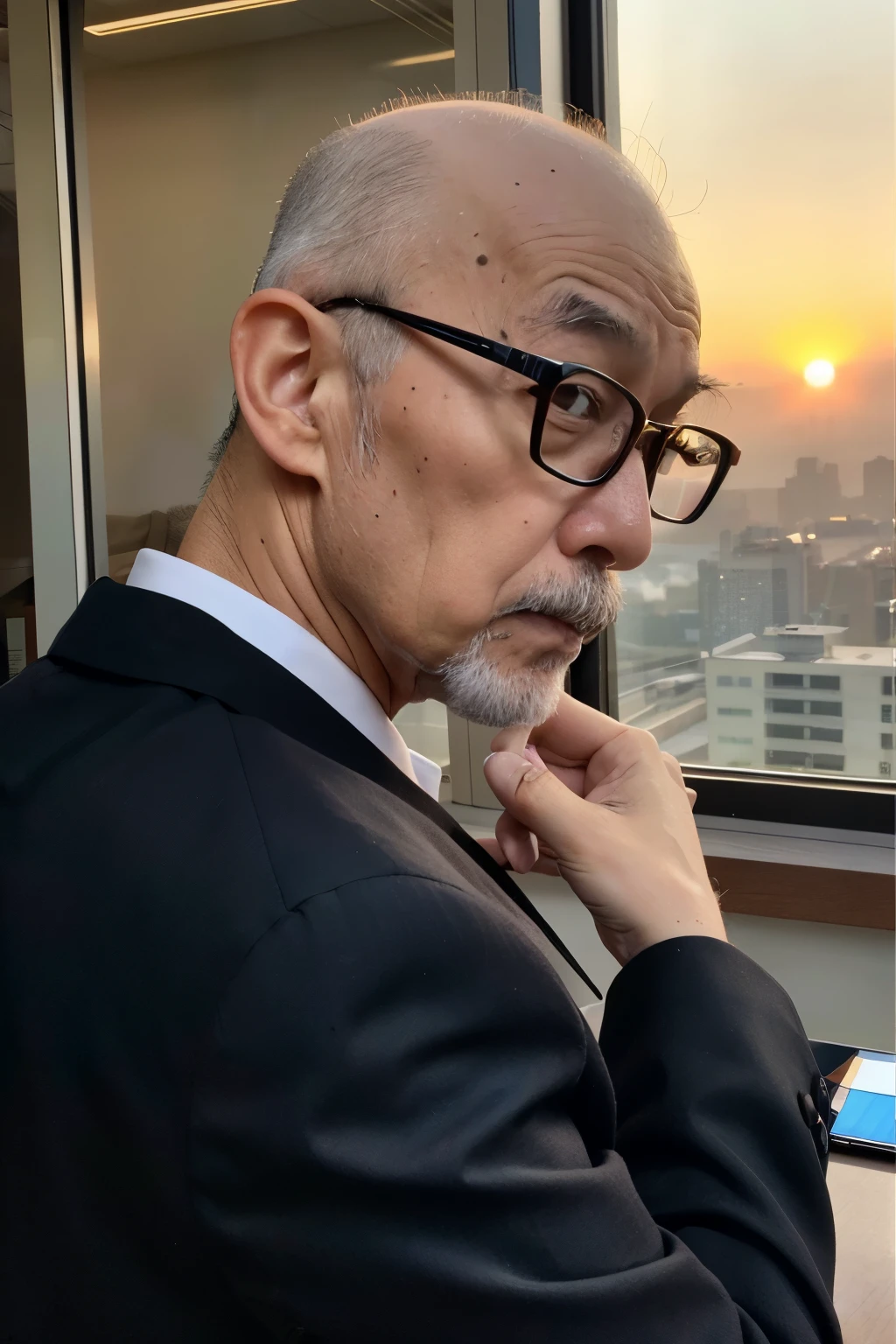 Grandpa suit M-shaped bald shaved skinny office worker Thin glasses Japanese Eyebrows connected Big black stubble on the back of the head Nasty eyes sunset sky snapdd00 Cartoon