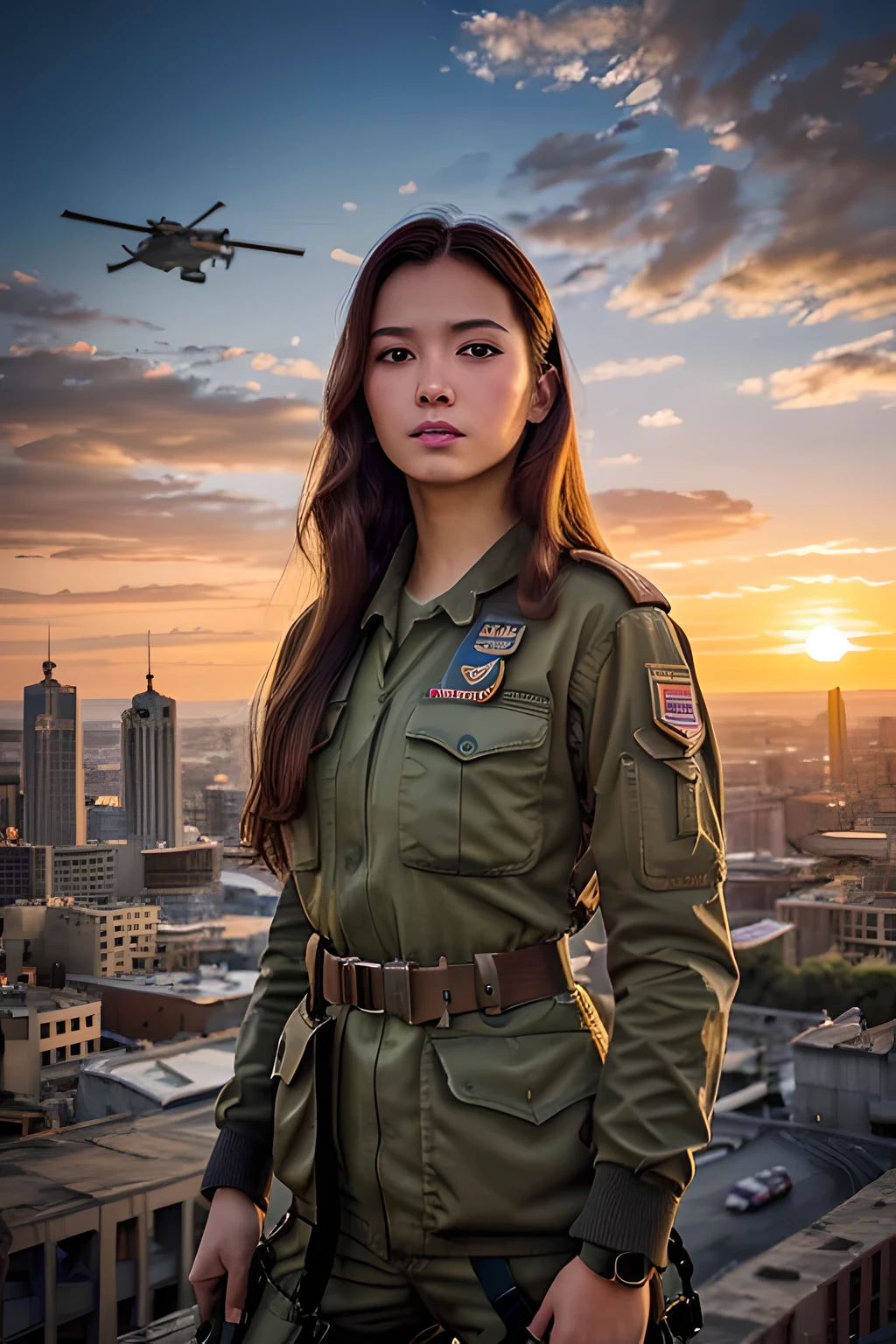 (masutepiece, Best Quality, Ultra-realistic, Raw photo, Detailed skin, 8K UHD, High quality:1.2), Digital style painting portrait of young beautiful military aviator woman, Long hair, Parachutist uniform and equipment, Sunset, ww2, war city background, ruin city, medium saturation, Highly detailed, Digital Art, Film grain, Movie Poster Style, --auto