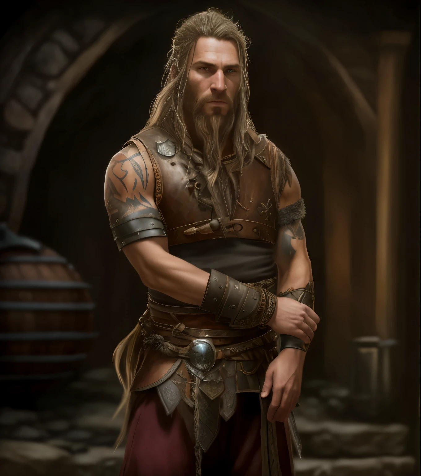 arafed man with long hair and beard in leather vest, portrait of a viking, picture of an  male warrior, from warcraft, ancient viking warrior, the witcher concept art, messi as a viking, inspired by Þórarinn B. Þorláksson, viking warrior, viking shaman, long brown hair, long brown beard, glowing yellow eyes, eyes are glowing, viking atire, tattos on right arm, dark brown hair, dark brown hair, dark brown beard, dark brown hair, dark brown beard, dark brown beard, dark brown hair, dark brown beard, dark brown hair,