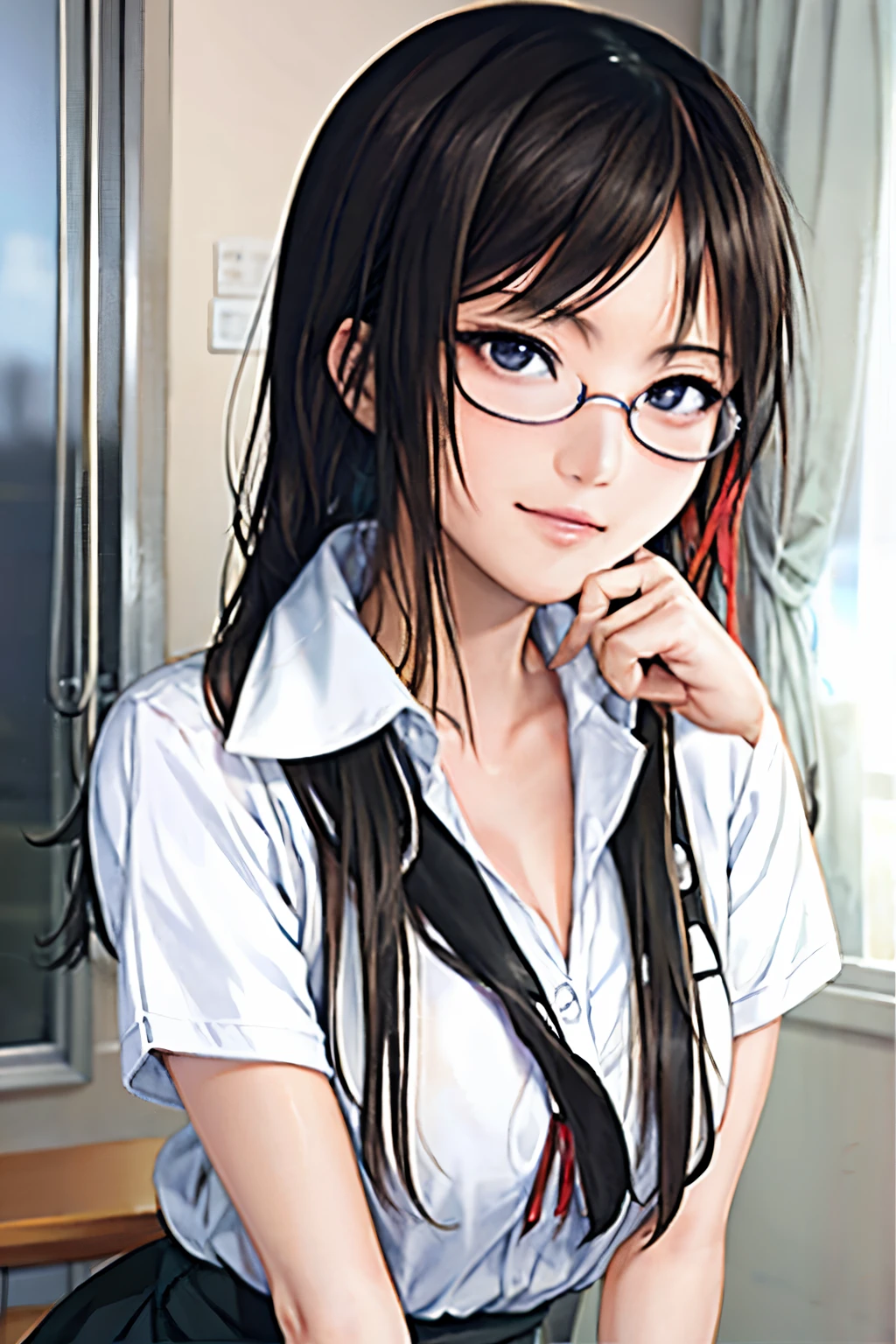 Anime girl with long black hair and glasses looking out the window, rumiko, beautiful Asuka from Evangelion, inspired by Kusumi Morikage, Gainax anime style, Asuka from Evangelion, ikki tousen, Seductive Anime Girl, Shinji Ikari, Beautiful captivating anime , inspired by Rumiko Takahashi, inspired by Rei Kamoi