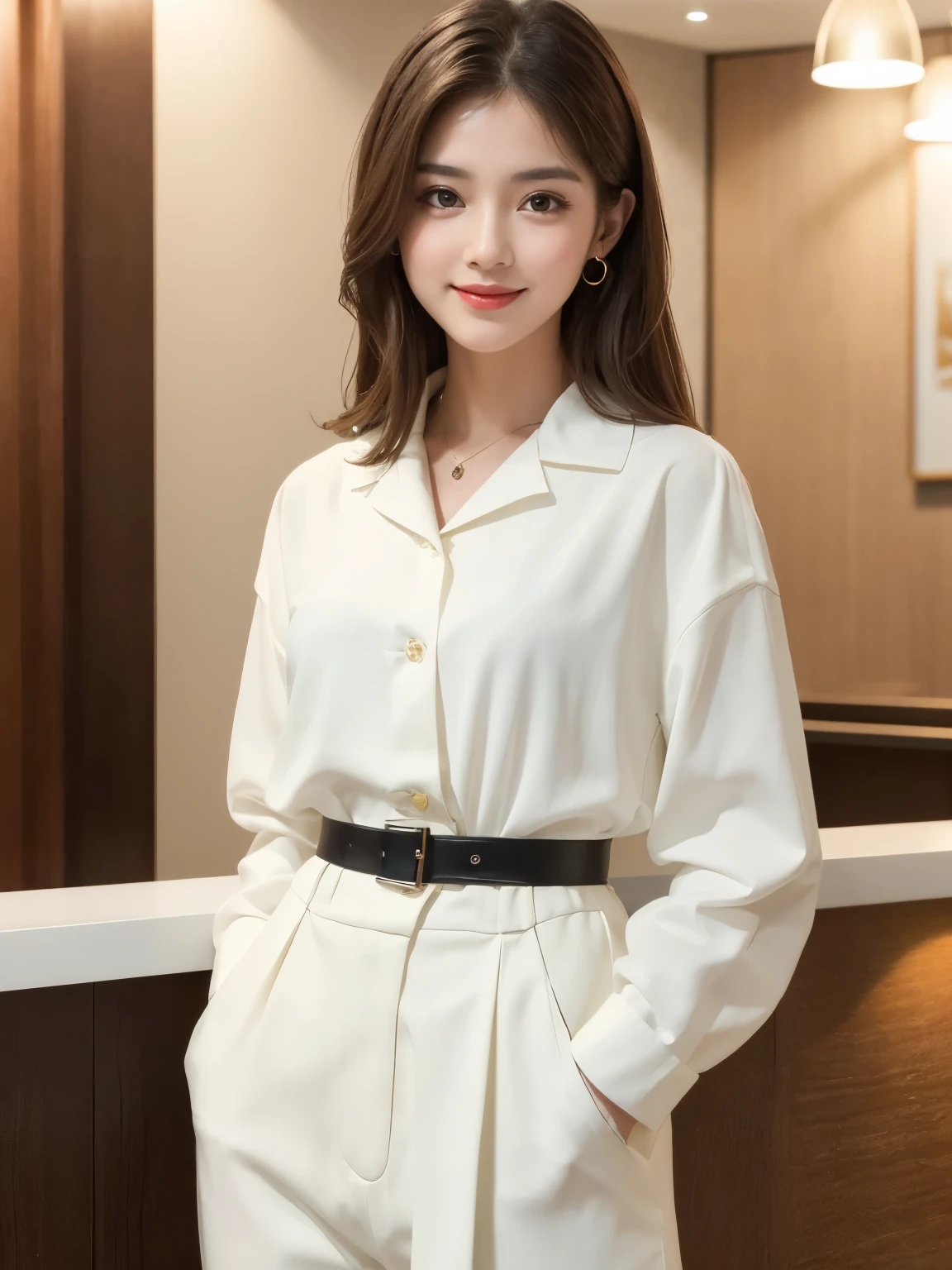 ((Top quality, 8K, Masterpiece: 1.3)), Beautiful girl, Pure, Melon face, Kind and cute, Sweet smile, Pure desire, Slender body, (Front), (Tilted head), ((Looking at camera) ), wearing a casual bright suit, medium hair, long flowing shoulders, round black big eyes, clear big eyes, moist red lips, sweet, standing, hotel reception background, (waist shot),