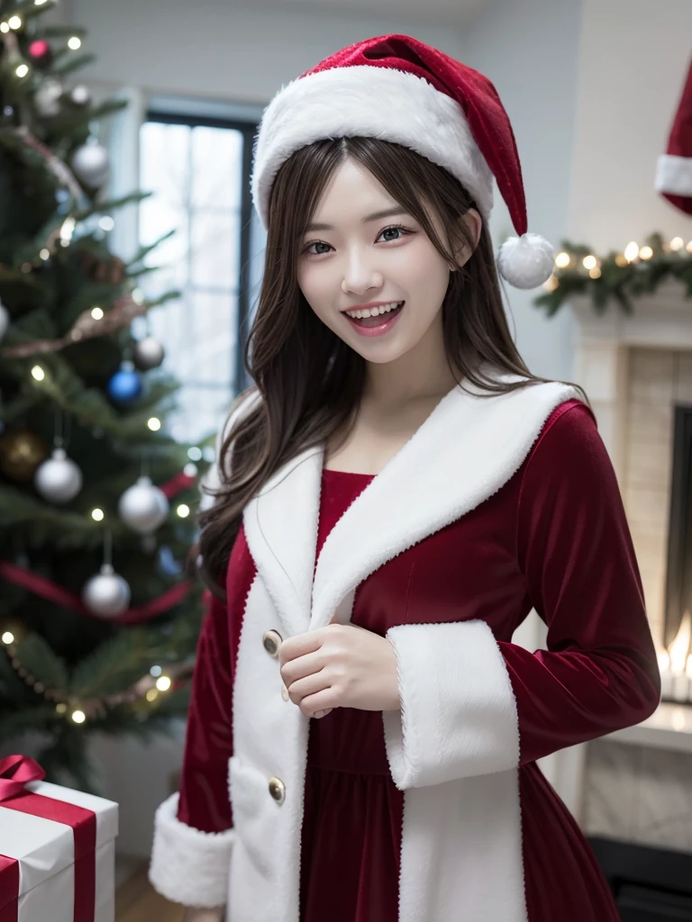 beautiful smile woman、Wearing a red and white Santa Claus costume、standing next to a small Christmas tree in front of the fireplace、Colorful Christmas lights in the background、Emotional scene with snow falling、long blonde hair、blue eyess、He wears a hat with a stylish white fur trim、Red velvet dress with white frills、the contrast between light and shadow is strong、Rendering with high quality studio lighting、、(Huge laughter:1.1)、(Opening Mouth:1.1)、(widely opened eyes:1.2)