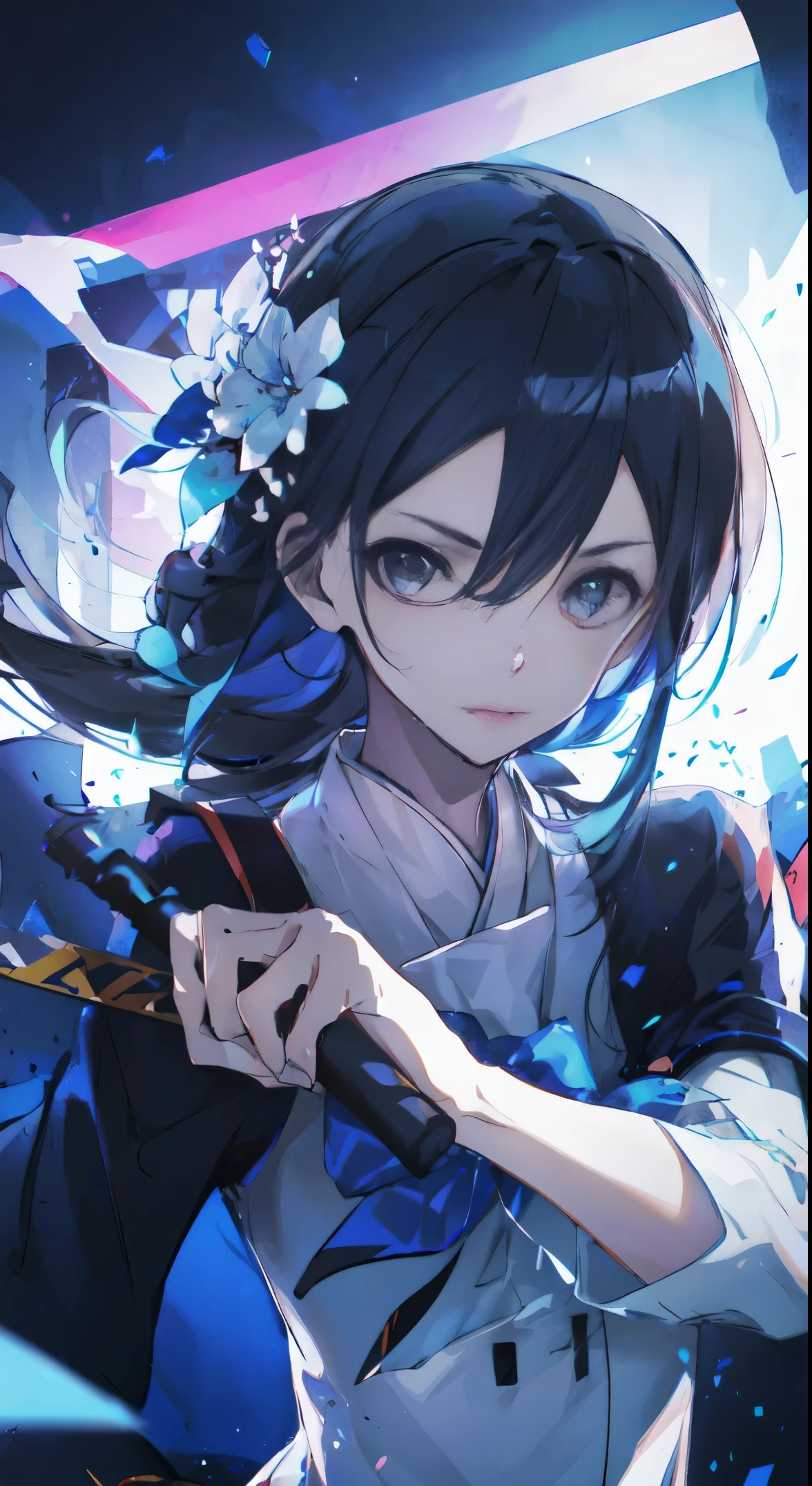 hair adornments, Very long hair, Japanese clothes, professionalartwork, Complicated details, Field of View, Focus sharp, Detailed drawing, Realistic lighting, Hot topics on pixiv, Standingatattention, ((female student, summer school uniform)), beaturiful body,beautiful nose,Beautiful character design, perfect eyes, Perfect the face, view the viewer, SFV,offcial art,extremely detaild的 CG unified 8k wallpapers, perfect litthing,coloursful, bright_frontage_the face_lighting works:1.0),(The best_quality:1.0), 超A high resolution,4K,ultra - detailed, photography of, 8K, HighDynamicRange, A high resolution, hoang lap:1.2, Cordas Portela 400, filmgrain, The background is blurred, bokeh:1.2, lens flare glow, (A vibrant_colours:1.2), Shikoku_Gigi, (The look of it), ((view the viewer, Predecessor pose))Female Kirito,black color hair