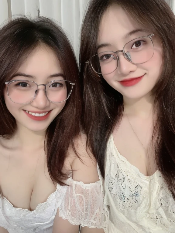 (realistic, high resolution:1.3), 2 girls with perfect figure,(((2 girls:1.4))), glasses, smile, ((pale white skin:1.3)) ,(gigantic breasts:1.3), looking at viewers, super fine face and eyes, long hair, white transparent lace veil: 1.2 , in bedroom, sit on the bed, , exposed cleavage, upper body, half body