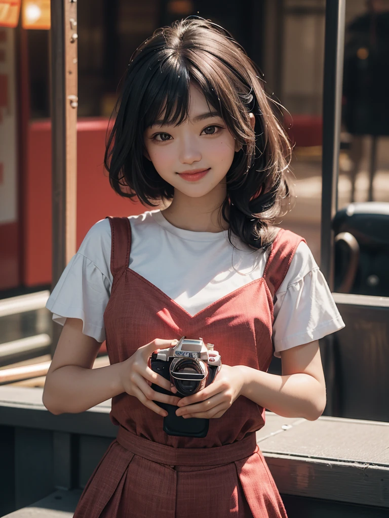 quality，tmasterpiece，hyper HD，（Realistis：1.4），RAW photogr，1girll，cinmatic lighting，ssmile，brightly，Photo-like，perspired，Be red in the face，posed for photo