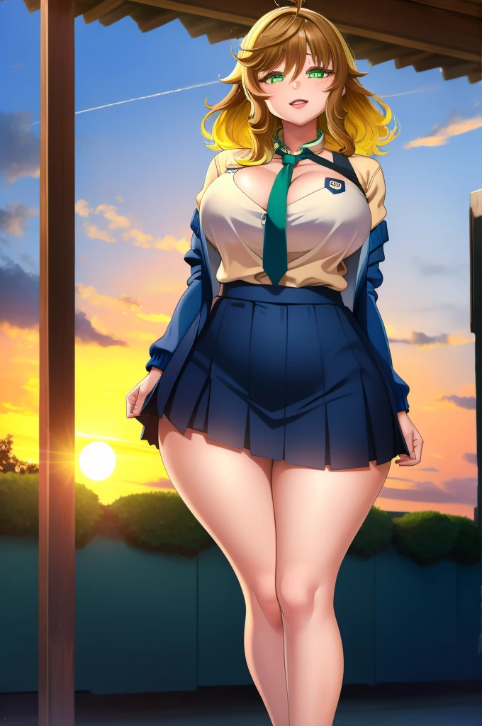 amicia michella - nijisanji, anime style, 1girl, detailed brown short hair, yellow inner hair, wavy thick hair, green eyes, thin lips, painted lips, shy smile face, wide hips, thick thighs, huge round ass, shiny oily breasts, white shirt, navy blue necktie, light blue pleated skirt, plaid pleated skirt, gyaru, full body, sunset, city, absurdres, high res, ultrasharp, 8K, masterpiece