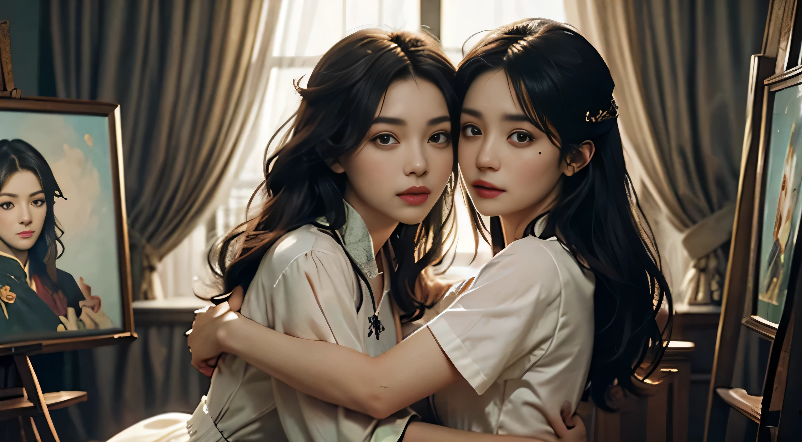 1 couple,Hug together,a young man and a woman,high high quality,tmasterpiece,tmasterpiece,exquisite facial features,Delicate hair,Elaborate Eyes,Delicate colored hair,4k画质,Brilliant light and shadow,dingdall effect,The halo,messy hair,young country,Gorgeous scene,dress nicely,锁链,merit,Ancient Chinese beauties with big eyes and rich details,digitial painting,art stations,concept-art,Clear focus,Lighting,Greg Rutkoski、Artwork by Alphonse Mucha and Victo Ngai,facing at the camera